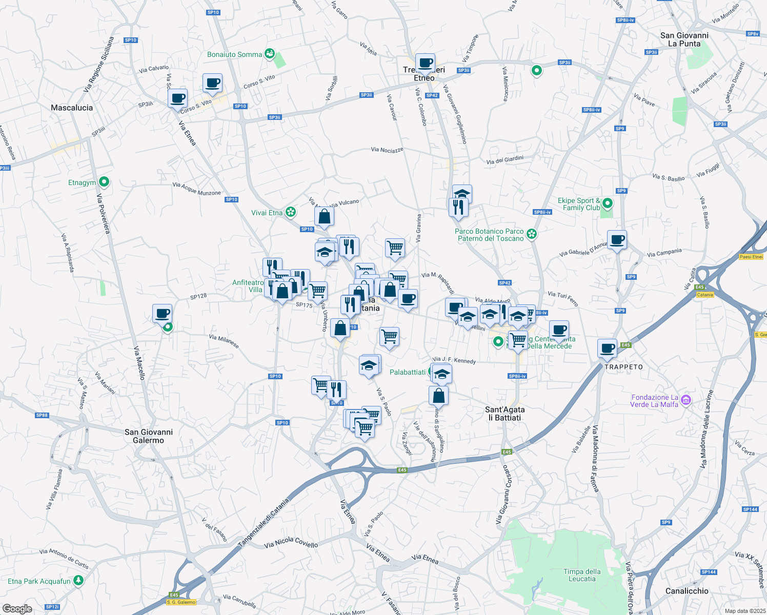 map of restaurants, bars, coffee shops, grocery stores, and more near 2 Via Giacomo Leopardi in Gravina di Catania