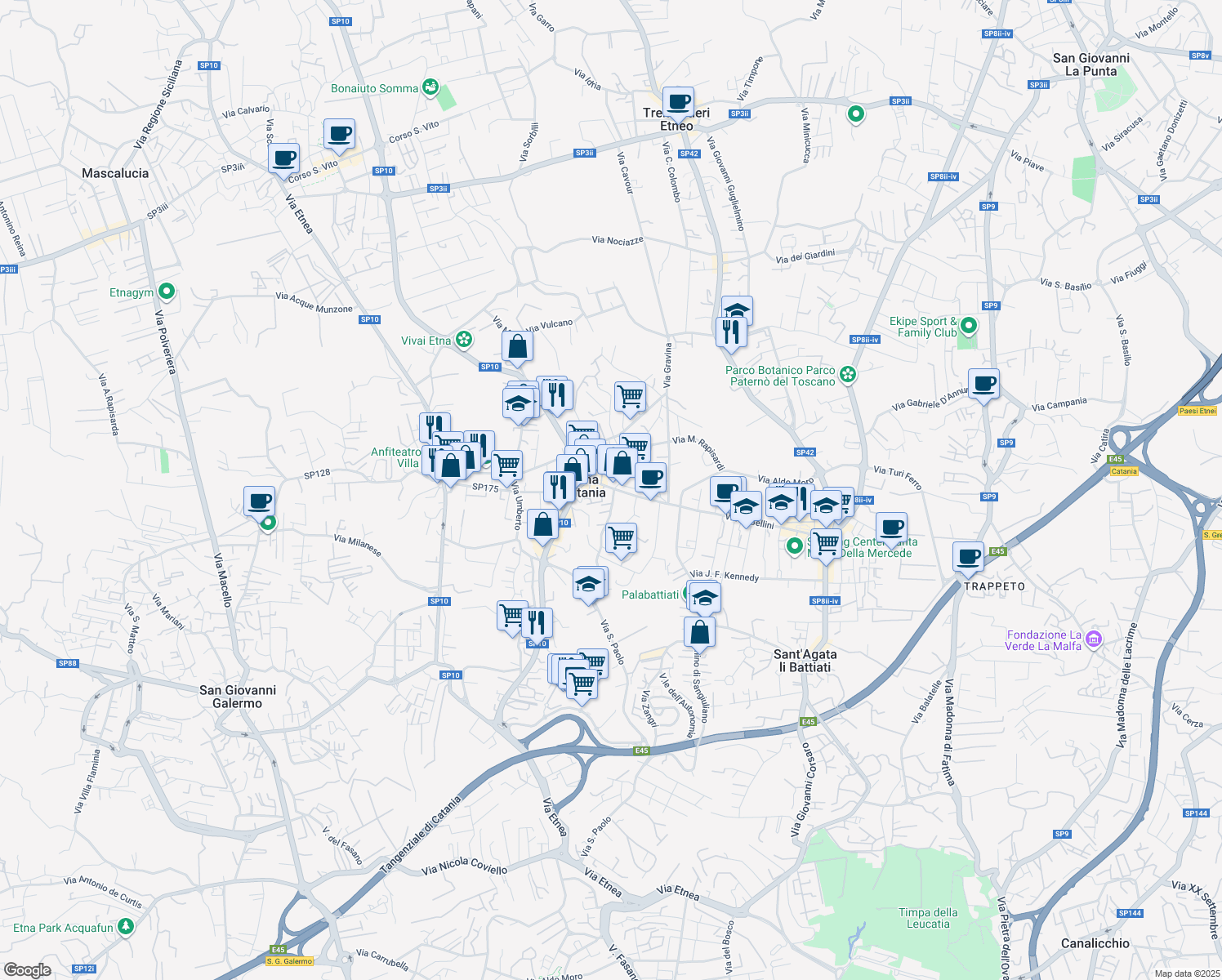 map of restaurants, bars, coffee shops, grocery stores, and more near 2 Via Giacomo Leopardi in Gravina di Catania