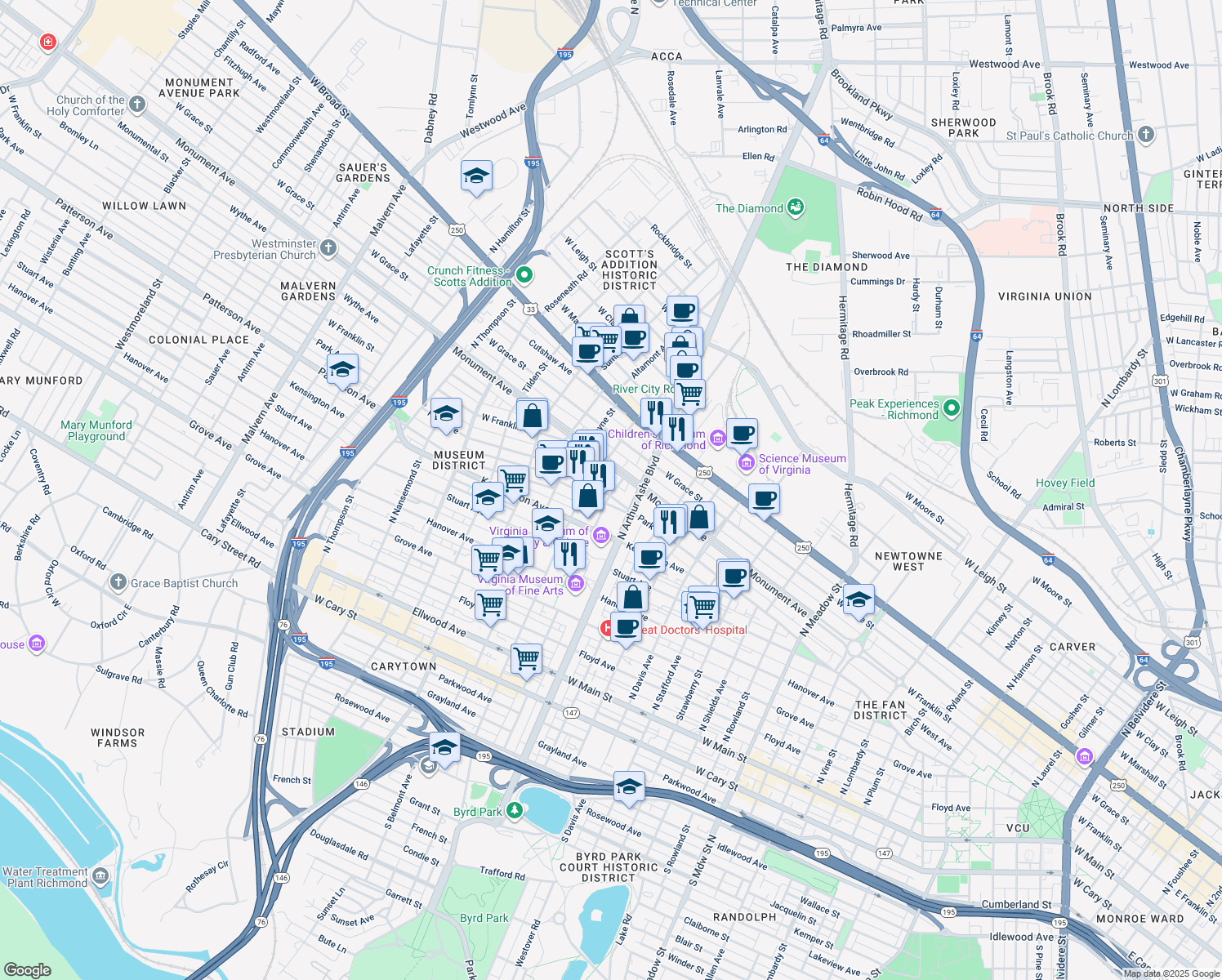 map of restaurants, bars, coffee shops, grocery stores, and more near 2900 Park Avenue in Richmond