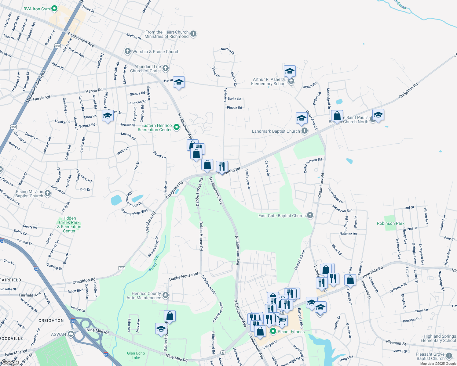 map of restaurants, bars, coffee shops, grocery stores, and more near 4026 Dominion Townes Circle in Richmond