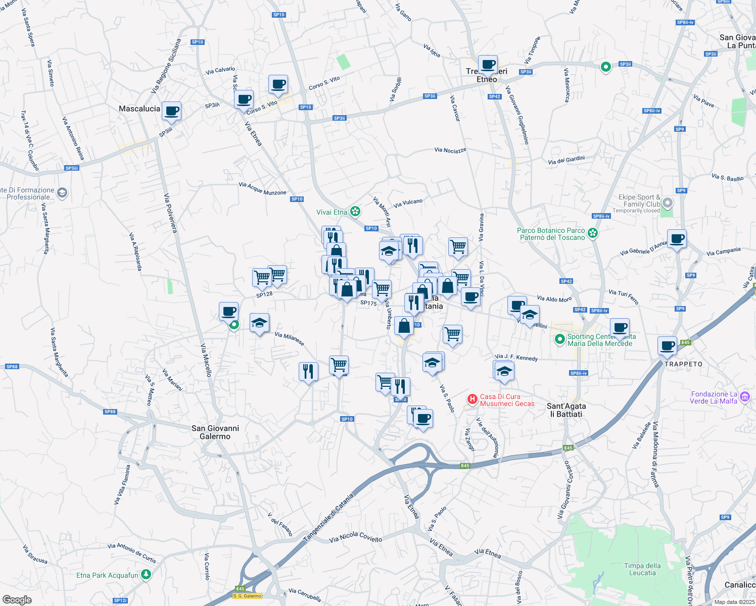 map of restaurants, bars, coffee shops, grocery stores, and more near 7 Via Giovanni Strano in Gravina di Catania