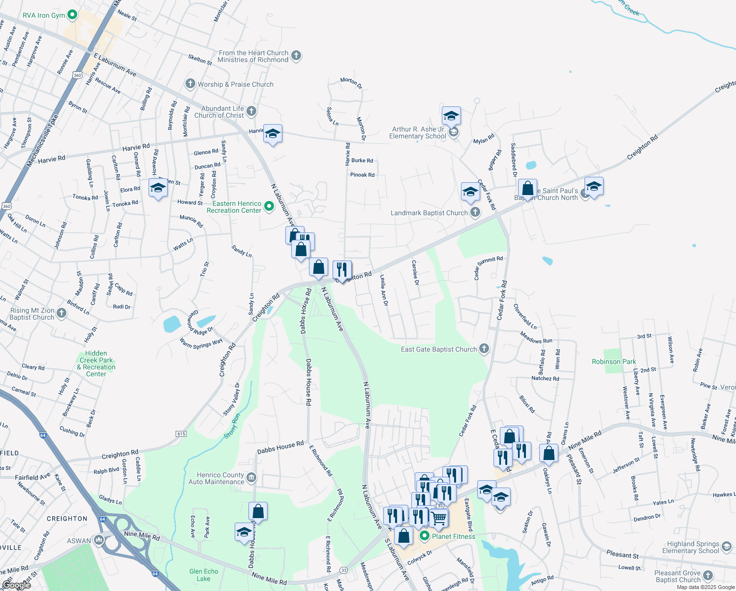 map of restaurants, bars, coffee shops, grocery stores, and more near 1202 Dominion Townes Terrace in Richmond