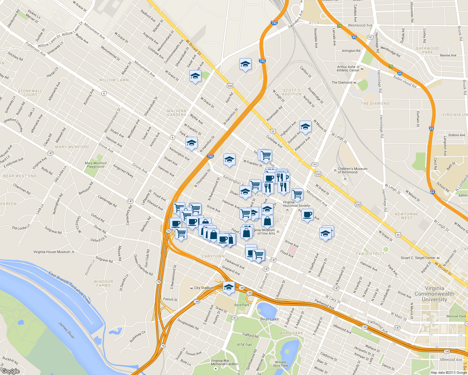 map of restaurants, bars, coffee shops, grocery stores, and more near 409 Roseneath Road in Richmond