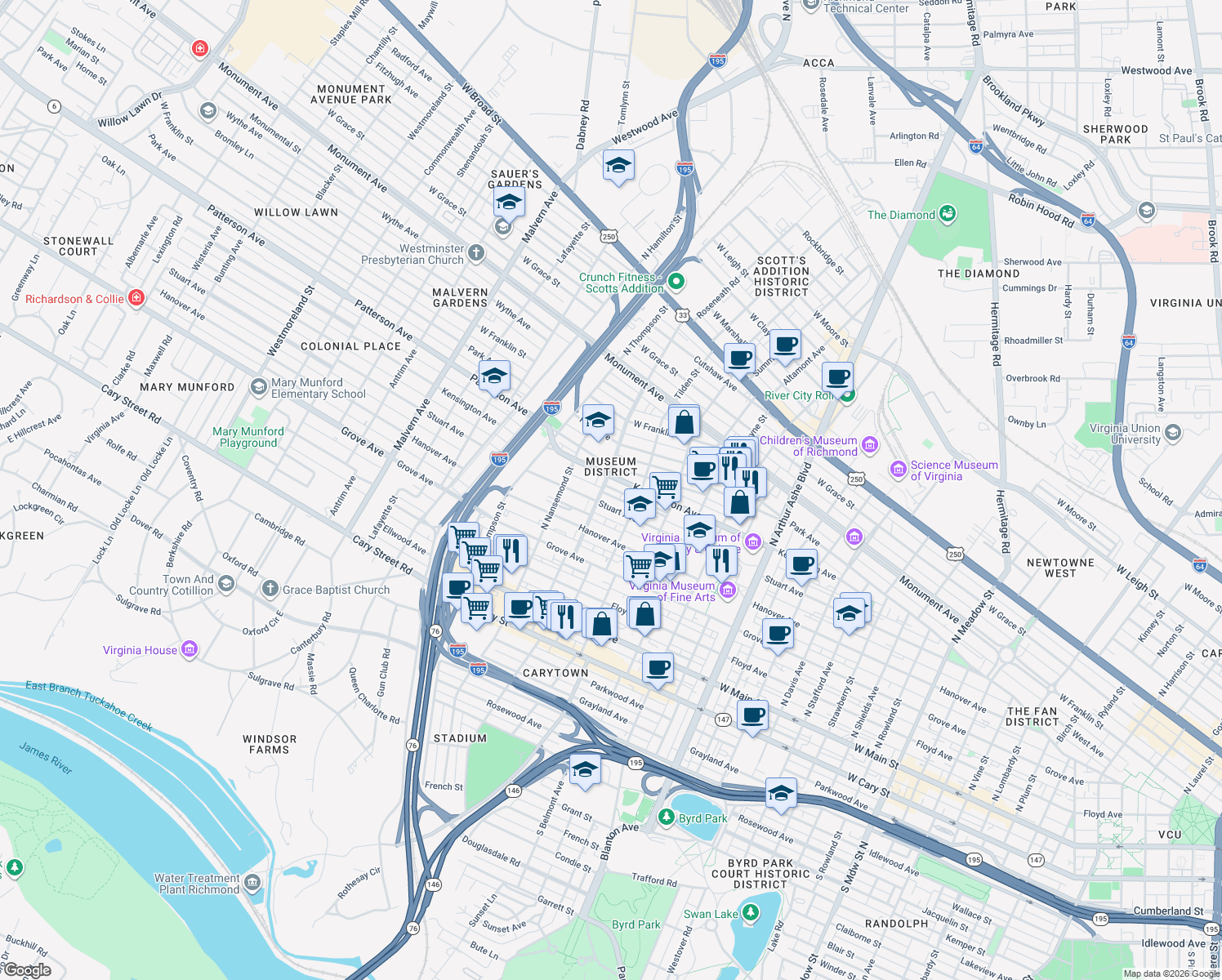map of restaurants, bars, coffee shops, grocery stores, and more near 3324-3326 Stuart Avenue in Richmond