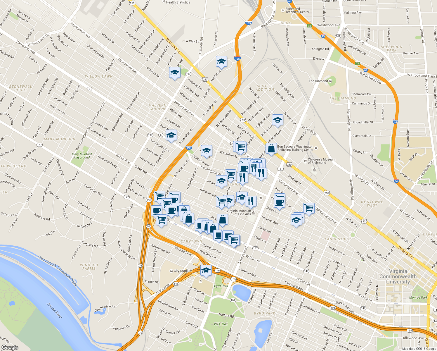 map of restaurants, bars, coffee shops, grocery stores, and more near 3309 Kensington Avenue in Richmond