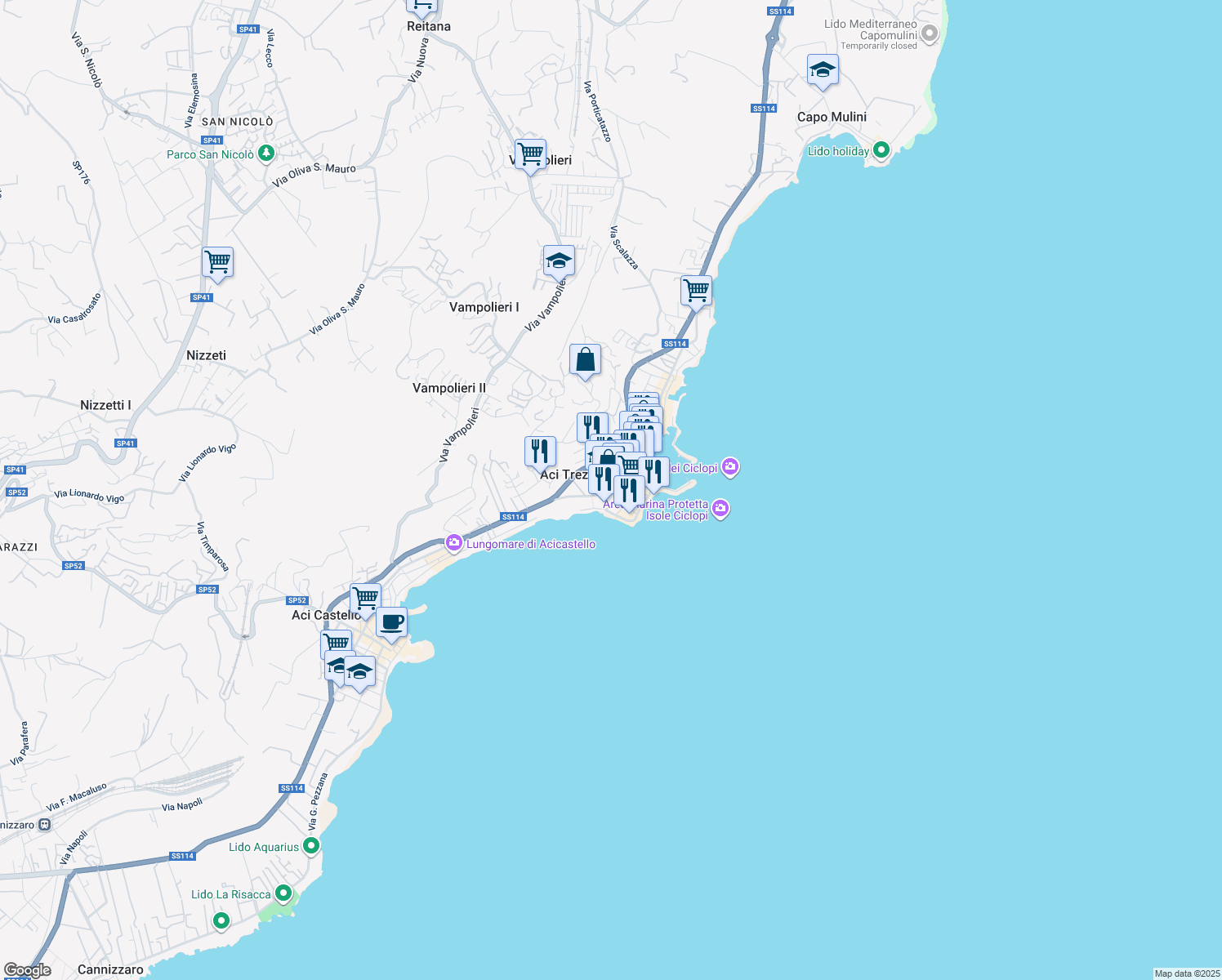 map of restaurants, bars, coffee shops, grocery stores, and more near 4 Piazza delle Scuole in Aci Castello