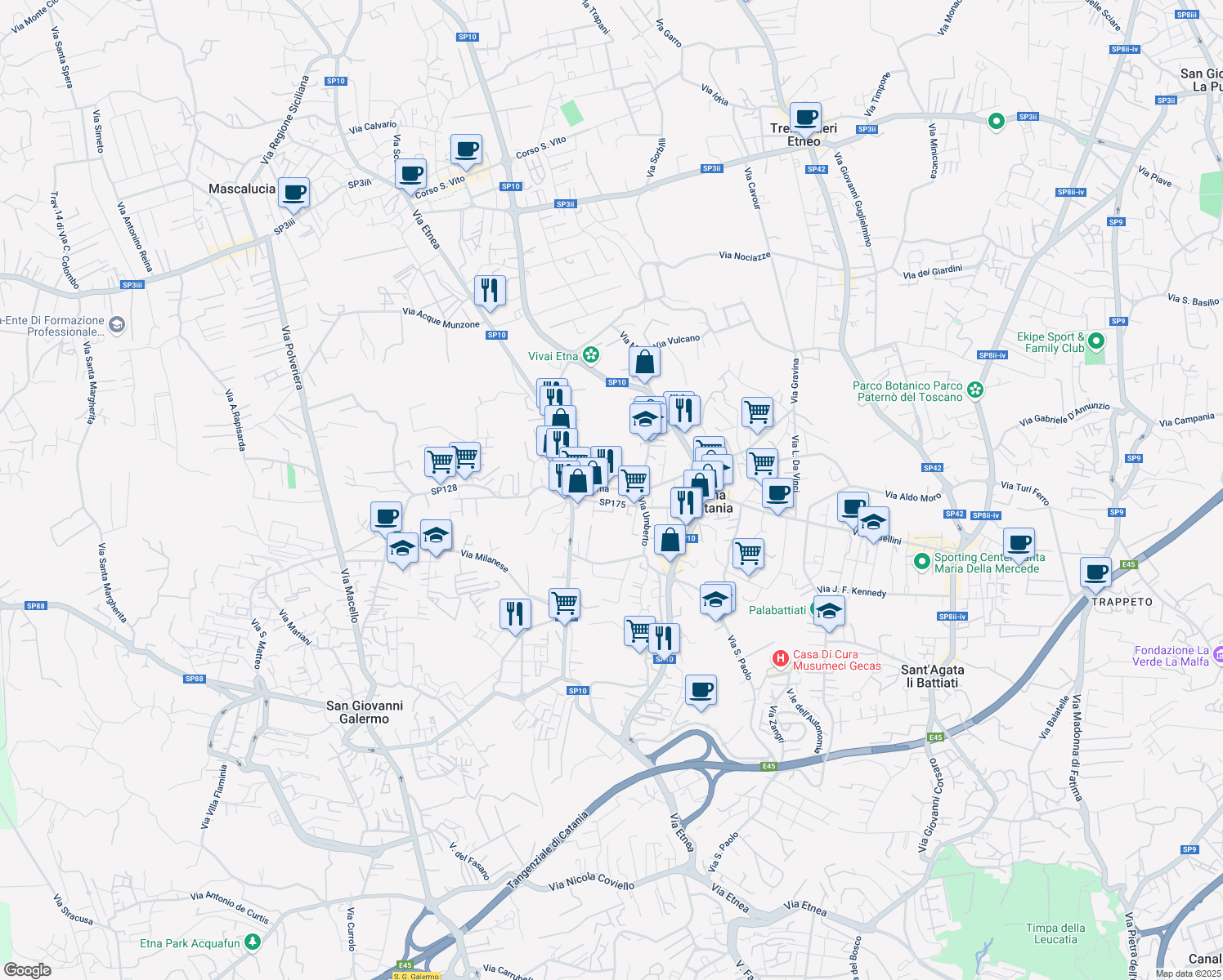 map of restaurants, bars, coffee shops, grocery stores, and more near 25A Via Roma in Gravina di Catania