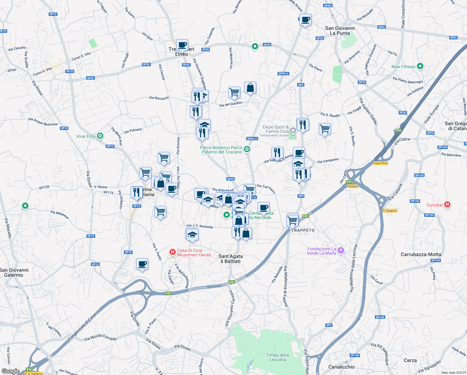 map of restaurants, bars, coffee shops, grocery stores, and more near 20 Via Giuseppe Garibaldi in Sant'Agata li Battiati