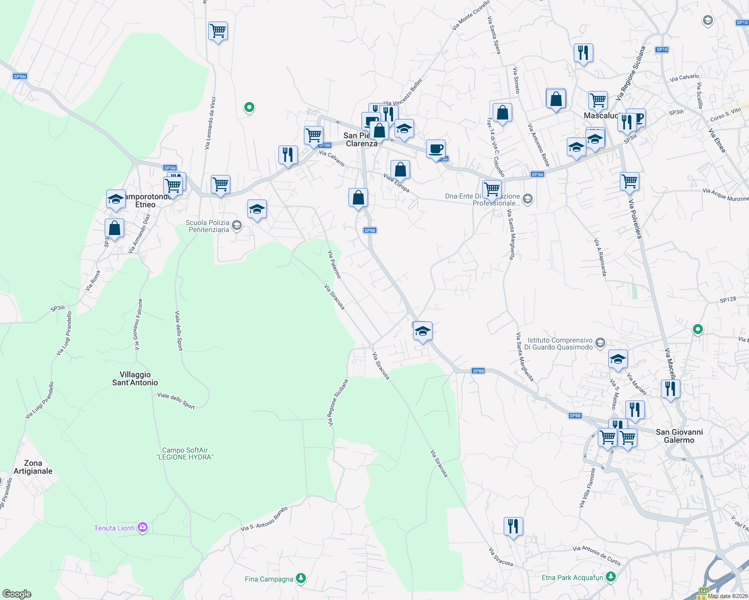 map of restaurants, bars, coffee shops, grocery stores, and more near 19 Via Messina in San Pietro Clarenza