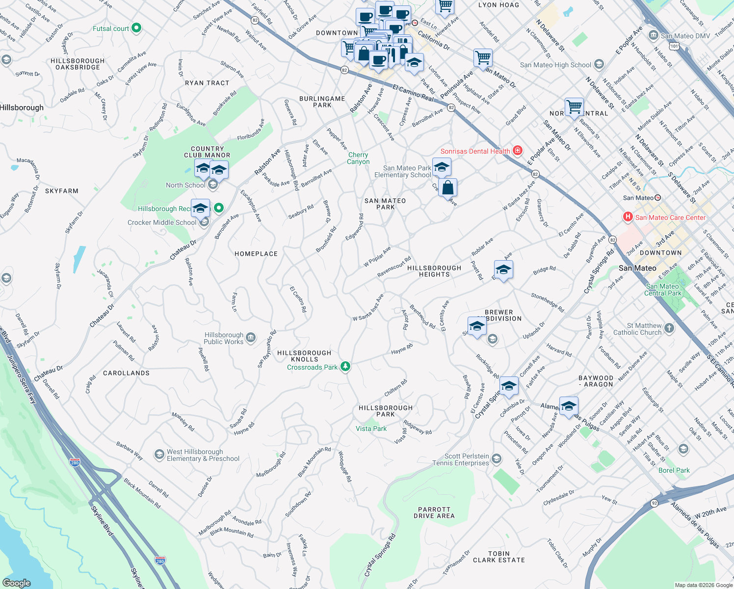 map of restaurants, bars, coffee shops, grocery stores, and more near 20 Mc Kenzie Court in Hillsborough