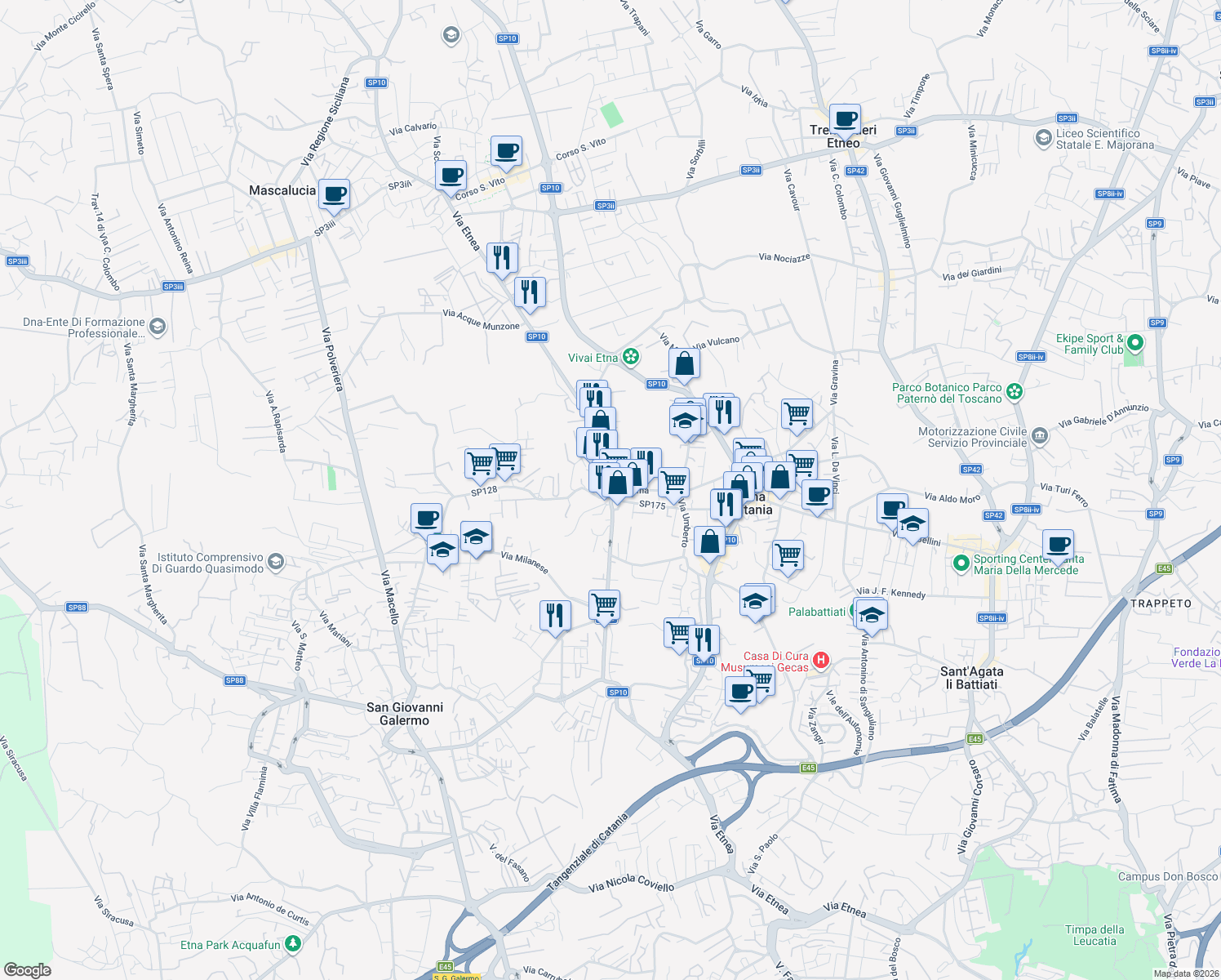 map of restaurants, bars, coffee shops, grocery stores, and more near 8 Vico Dante Alighieri in Gravina di Catania