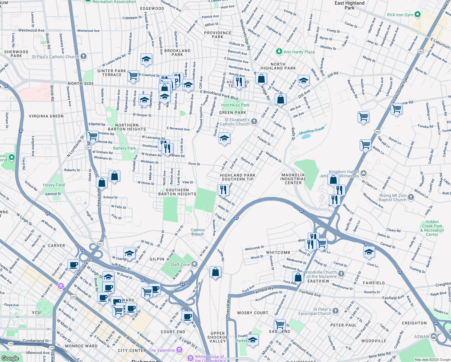 map of restaurants, bars, coffee shops, grocery stores, and more near 2017 2nd Avenue in Richmond
