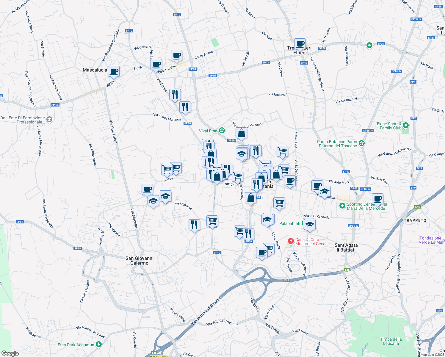 map of restaurants, bars, coffee shops, grocery stores, and more near 25a Via Roma in Gravina di Catania