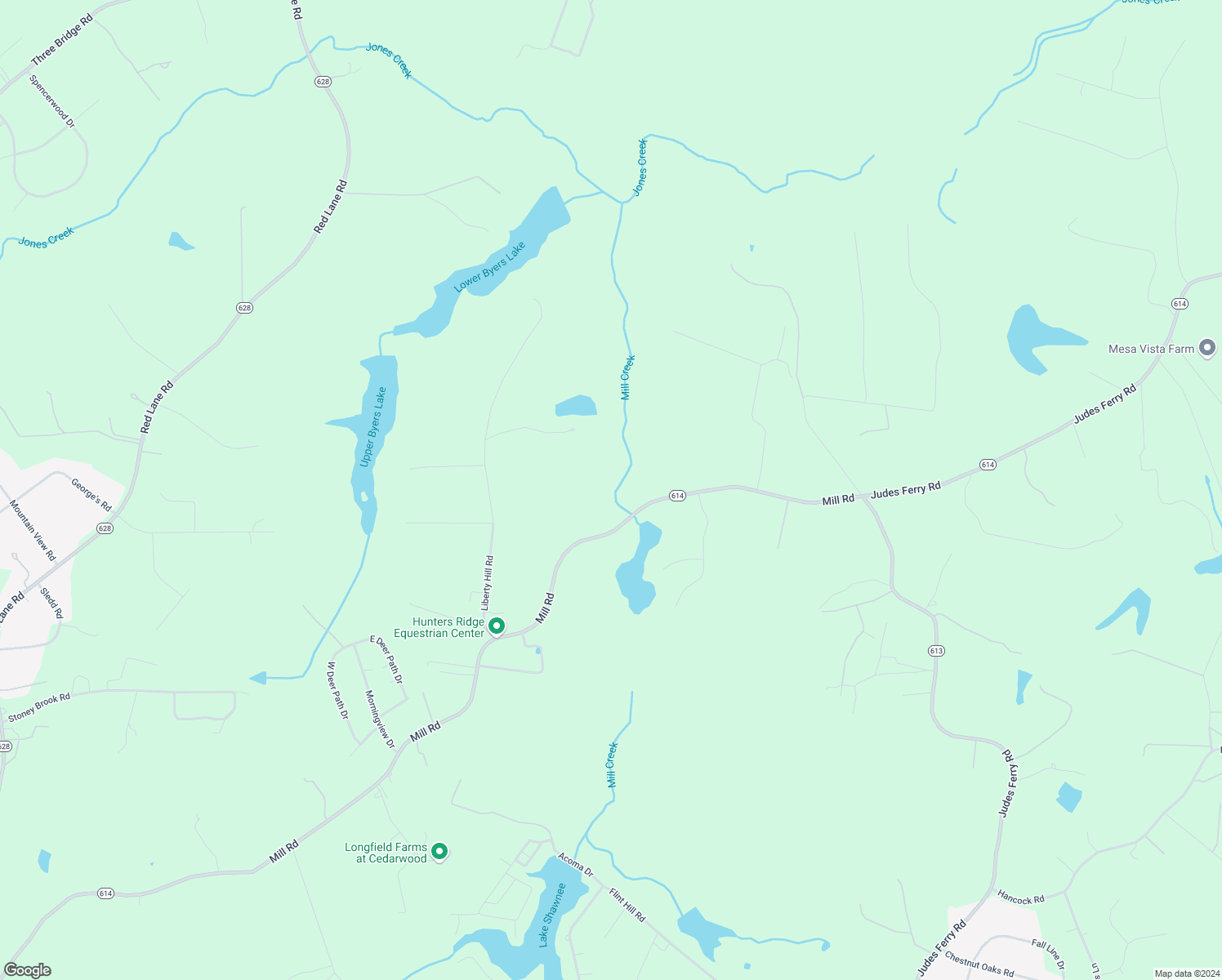 map of restaurants, bars, coffee shops, grocery stores, and more near 2519 Mill Road in Powhatan