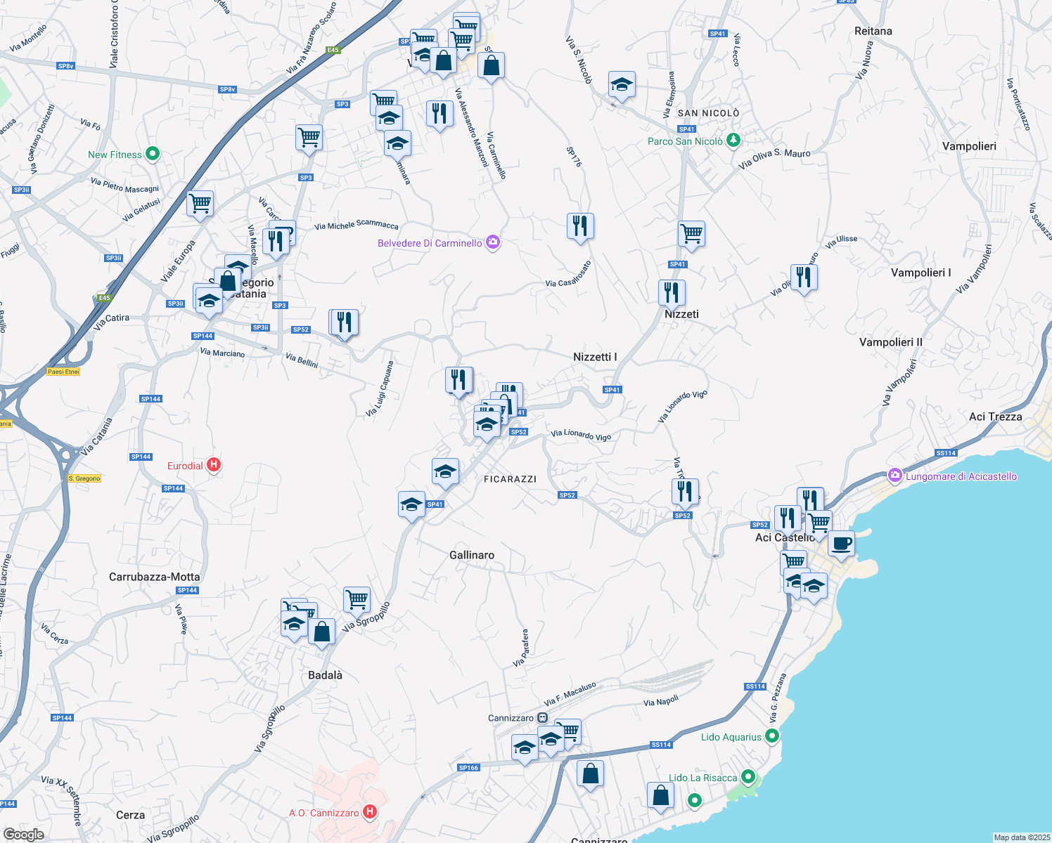 map of restaurants, bars, coffee shops, grocery stores, and more near 474 Via Acicastello in Aci Castello