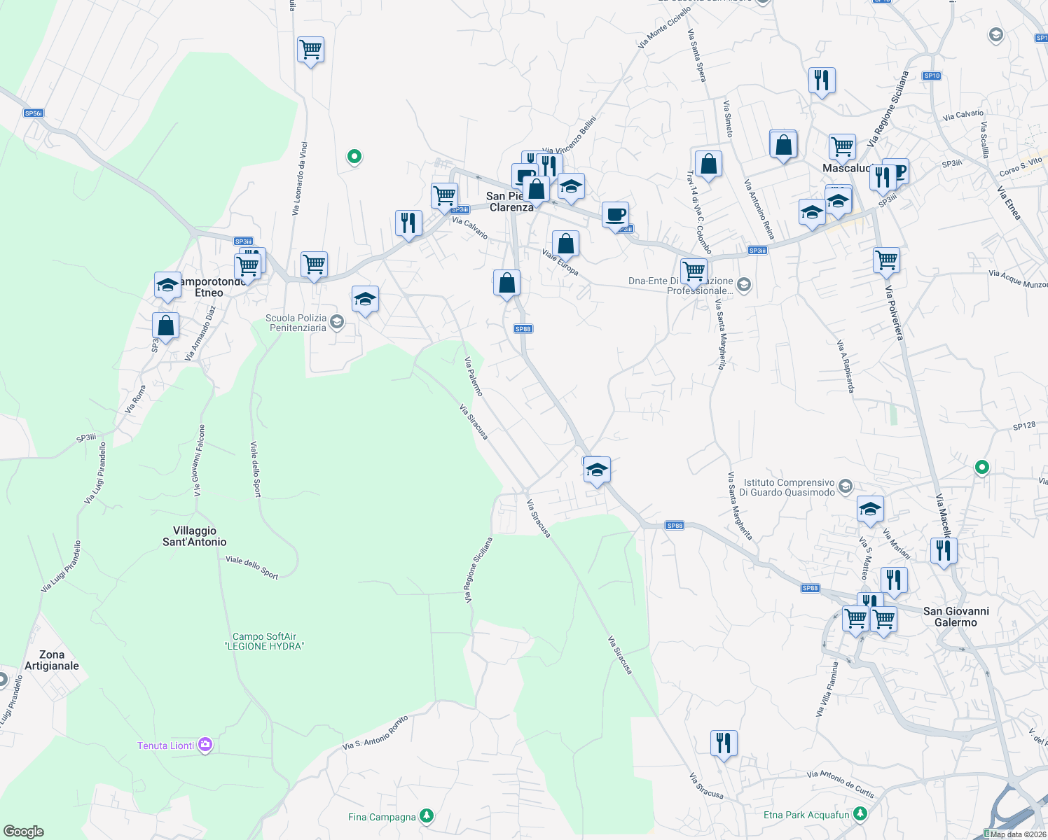 map of restaurants, bars, coffee shops, grocery stores, and more near 19 Via Messina in San Pietro Clarenza