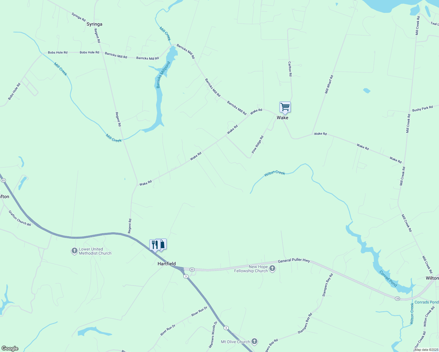 map of restaurants, bars, coffee shops, grocery stores, and more near 151 Hill Crest Road in Wake