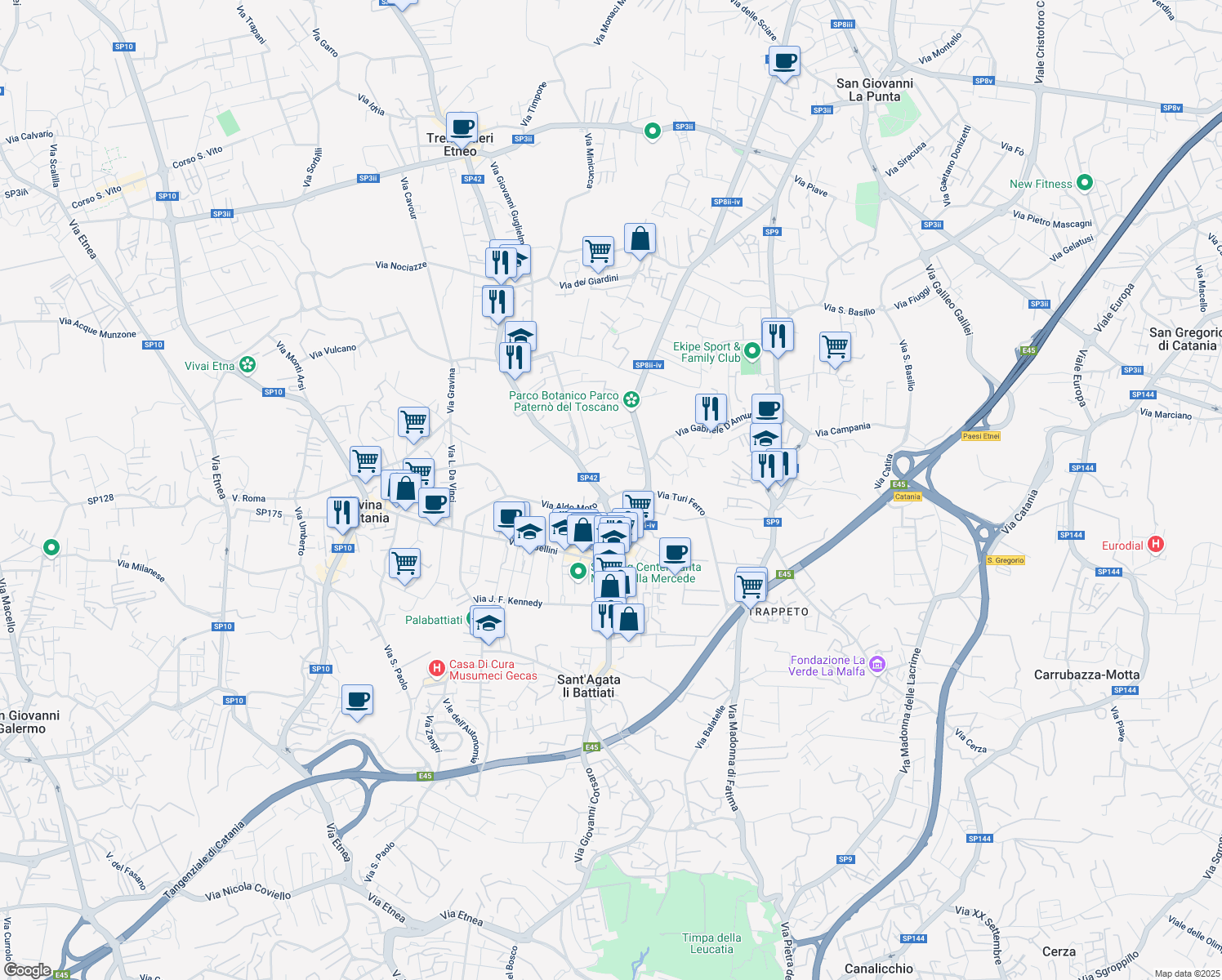 map of restaurants, bars, coffee shops, grocery stores, and more near 20 Via Giuseppe Garibaldi in Sant'Agata li Battiati