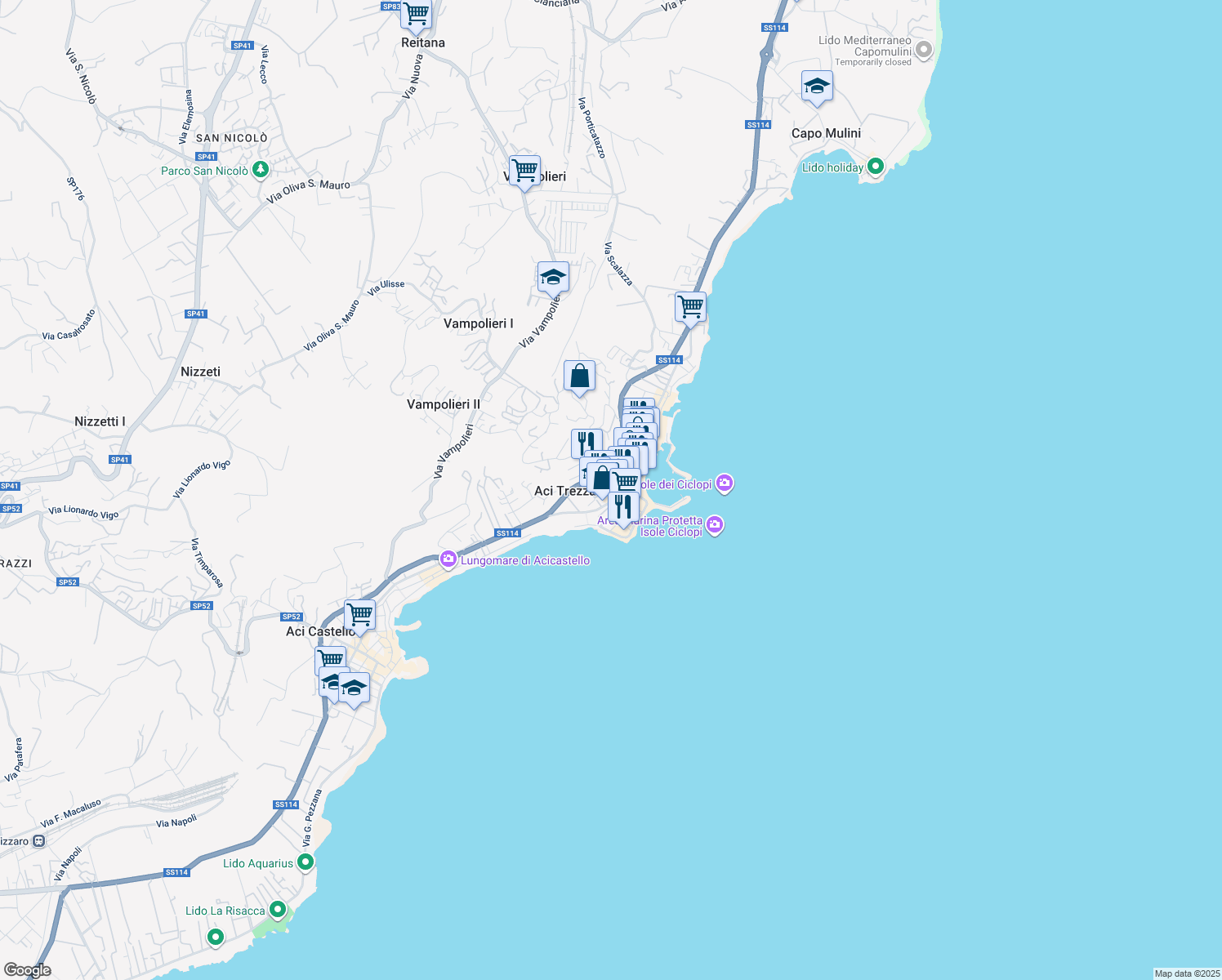 map of restaurants, bars, coffee shops, grocery stores, and more near 4 Piazza delle Scuole in Aci Castello