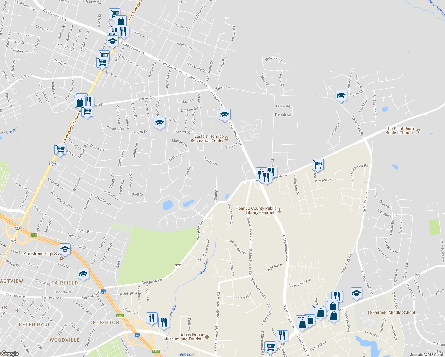 map of restaurants, bars, coffee shops, grocery stores, and more near 2803 Sandy Lane in Richmond