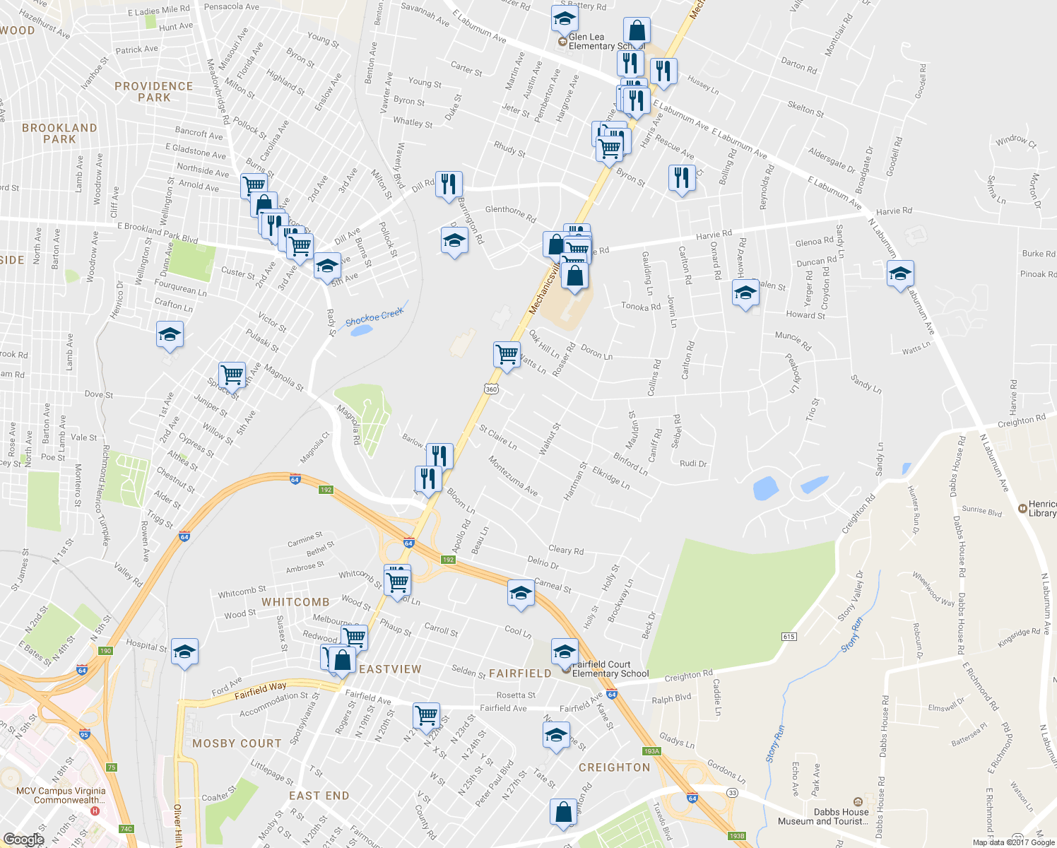 map of restaurants, bars, coffee shops, grocery stores, and more near 1800 Elkridge Lane in Richmond
