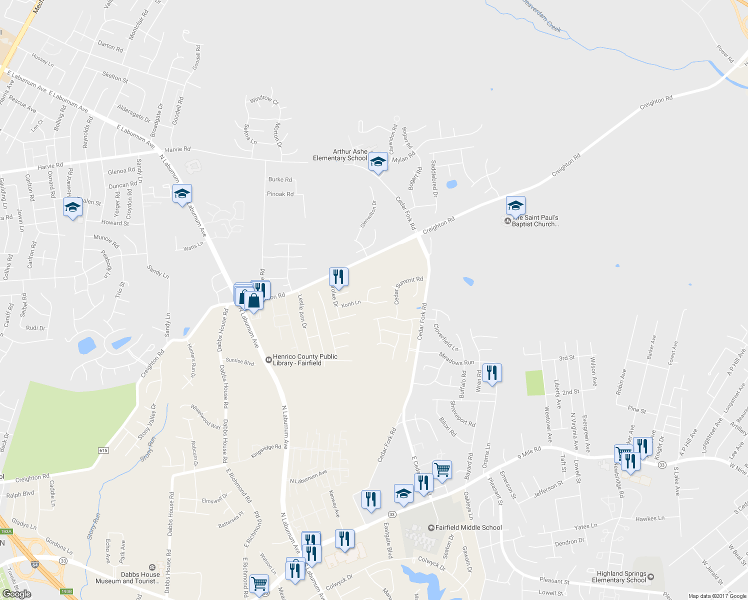 map of restaurants, bars, coffee shops, grocery stores, and more near 3904 Korth Lane in Richmond