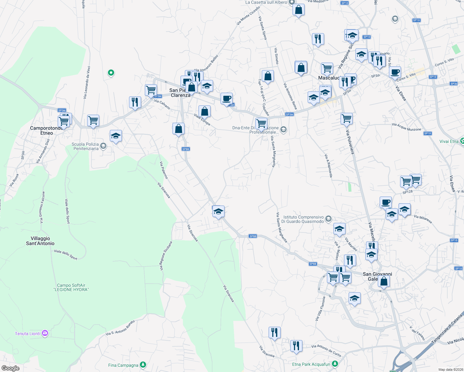 map of restaurants, bars, coffee shops, grocery stores, and more near 6 Via Pompeo Vecchio in Mascalucia
