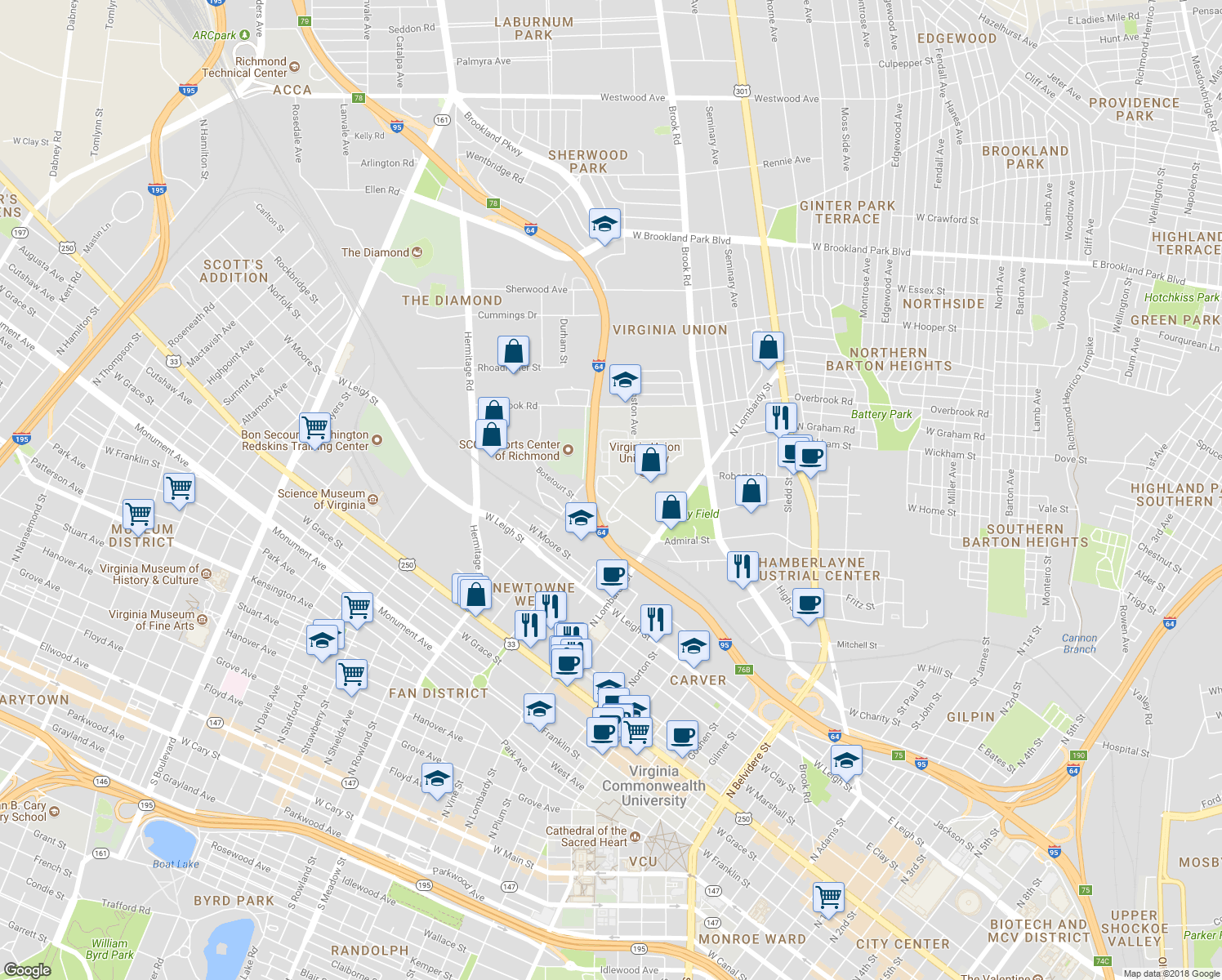 map of restaurants, bars, coffee shops, grocery stores, and more near 1831 Thomas Street in Richmond