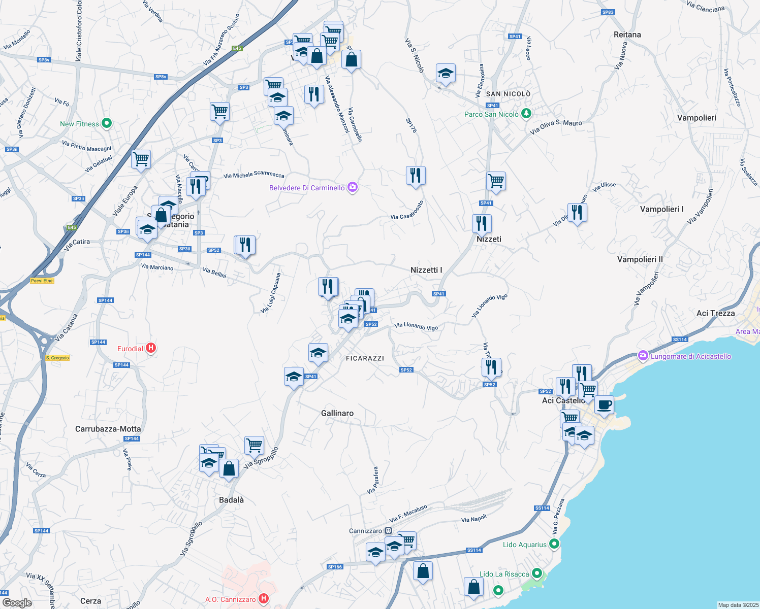 map of restaurants, bars, coffee shops, grocery stores, and more near 474 Via Acicastello in Aci Castello