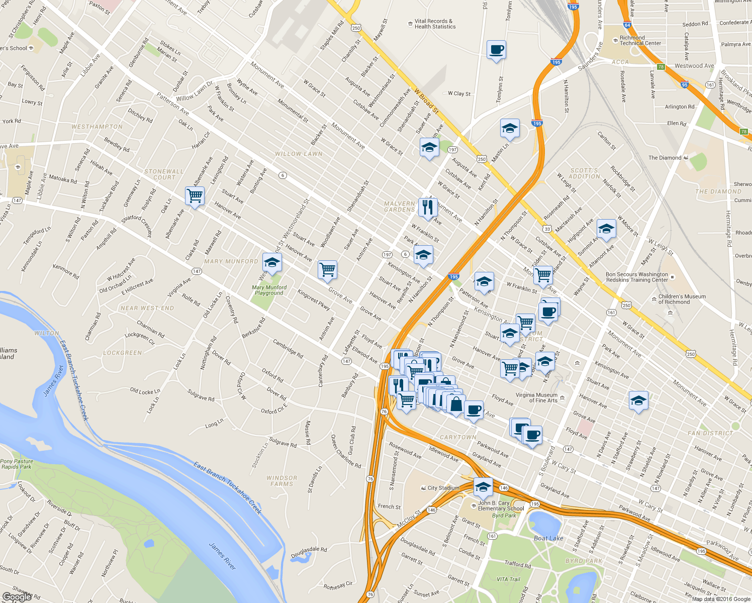 map of restaurants, bars, coffee shops, grocery stores, and more near 4001 Hanover Ave in Richmond