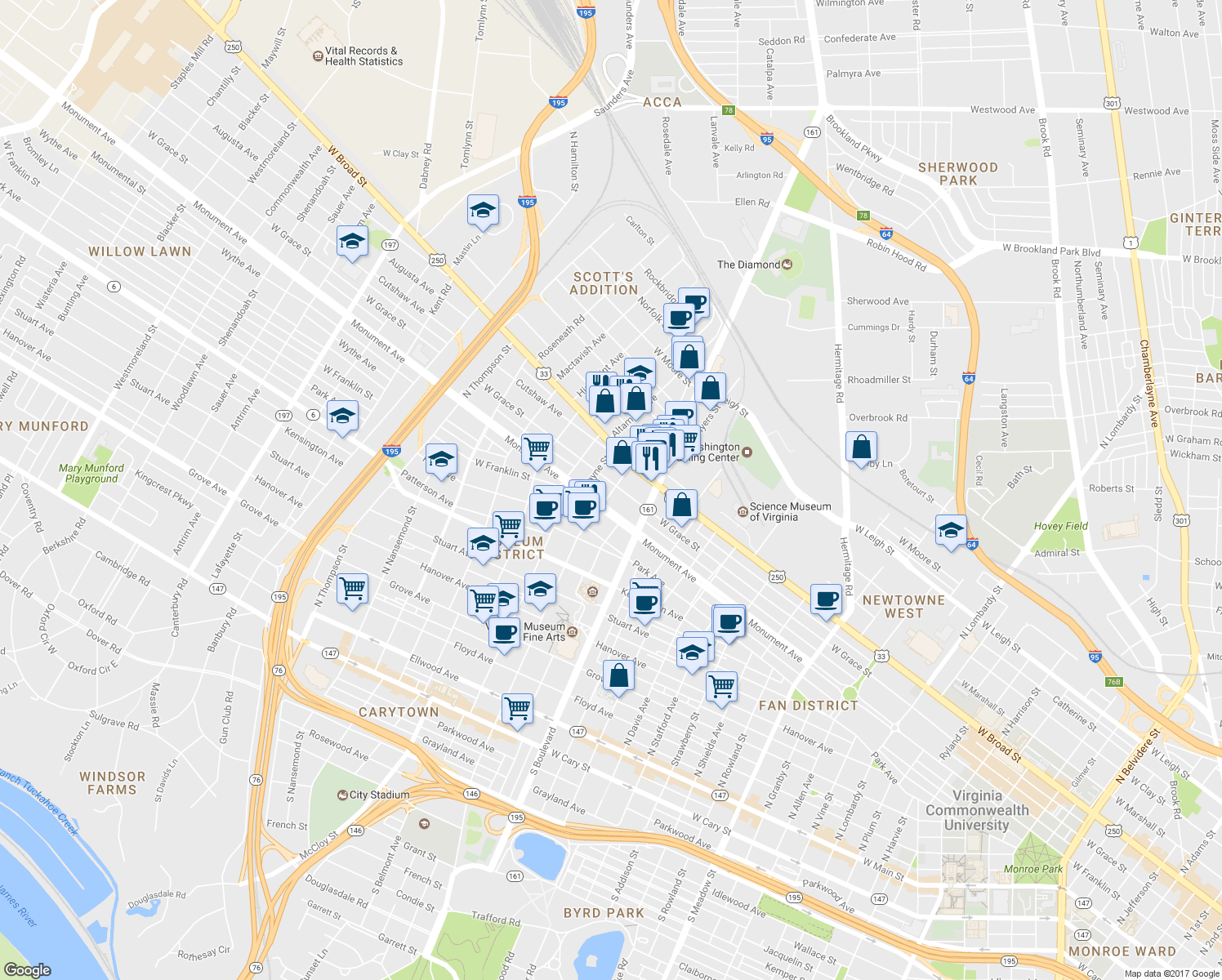 map of restaurants, bars, coffee shops, grocery stores, and more near 2901 West Grace Street in Richmond