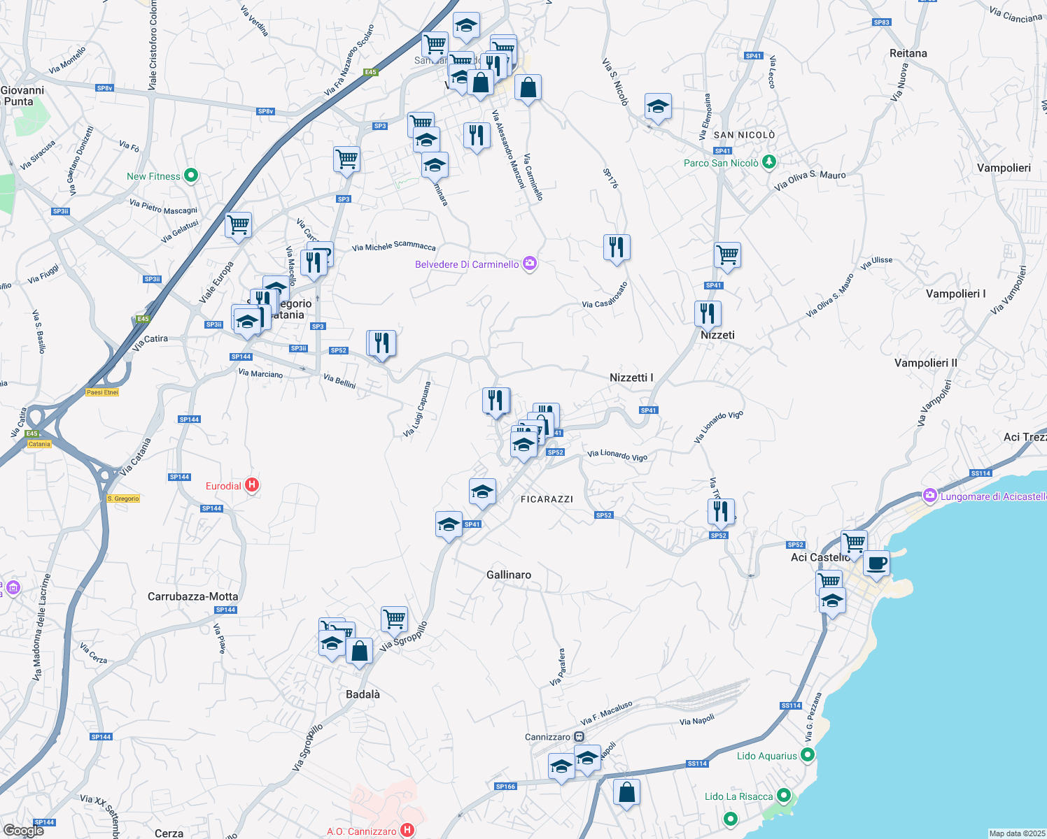 map of restaurants, bars, coffee shops, grocery stores, and more near 25 Via G. Grasso in Aci Castello