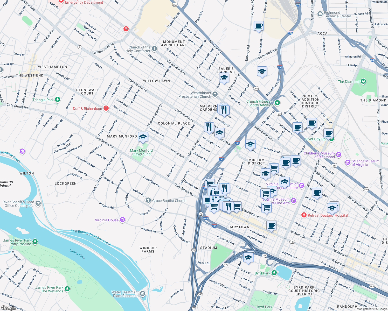 map of restaurants, bars, coffee shops, grocery stores, and more near 4007 Hanover Avenue in Richmond