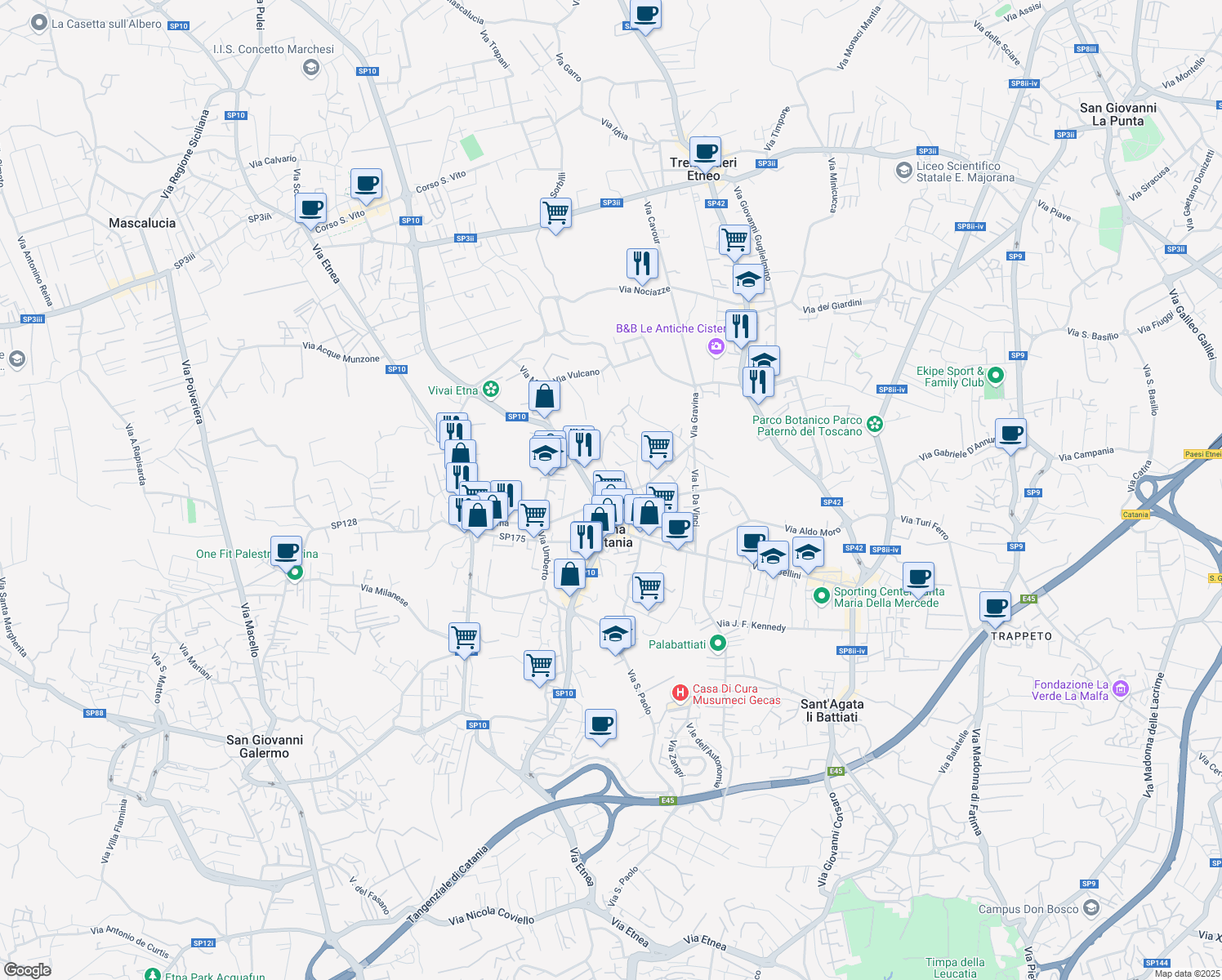 map of restaurants, bars, coffee shops, grocery stores, and more near 4 Via Caduti del Lavoro in Gravina di Catania