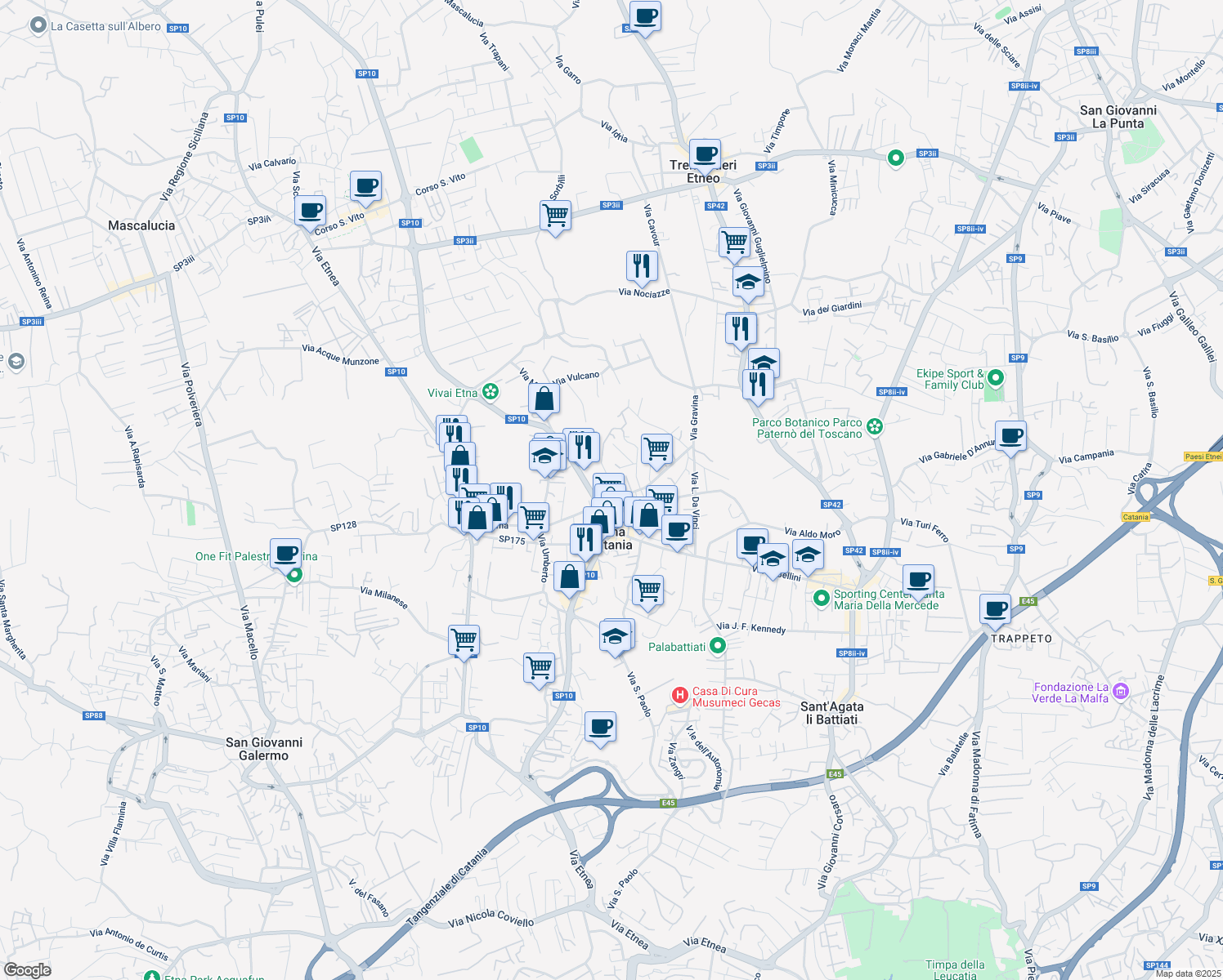 map of restaurants, bars, coffee shops, grocery stores, and more near 4 Via Caduti del Lavoro in Gravina di Catania