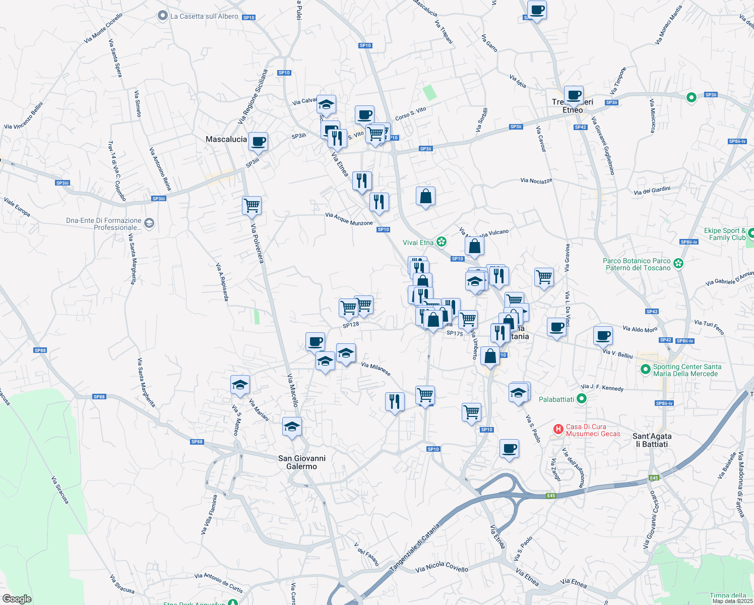 map of restaurants, bars, coffee shops, grocery stores, and more near 10 Via Santa Elia in Gravina di Catania
