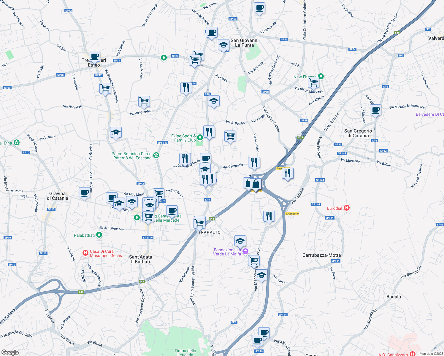 map of restaurants, bars, coffee shops, grocery stores, and more near 2 Via Pablo Picasso in San Giovanni La Punta