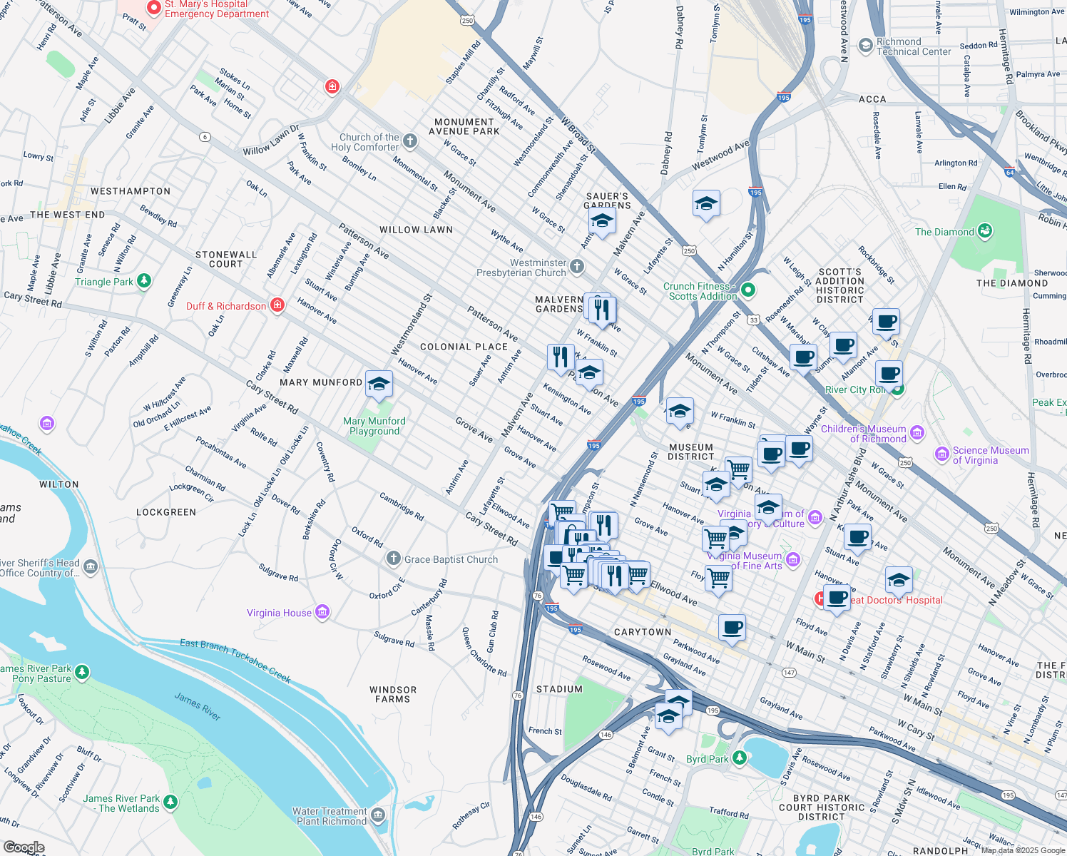 map of restaurants, bars, coffee shops, grocery stores, and more near 4000 Hanover Avenue in Richmond