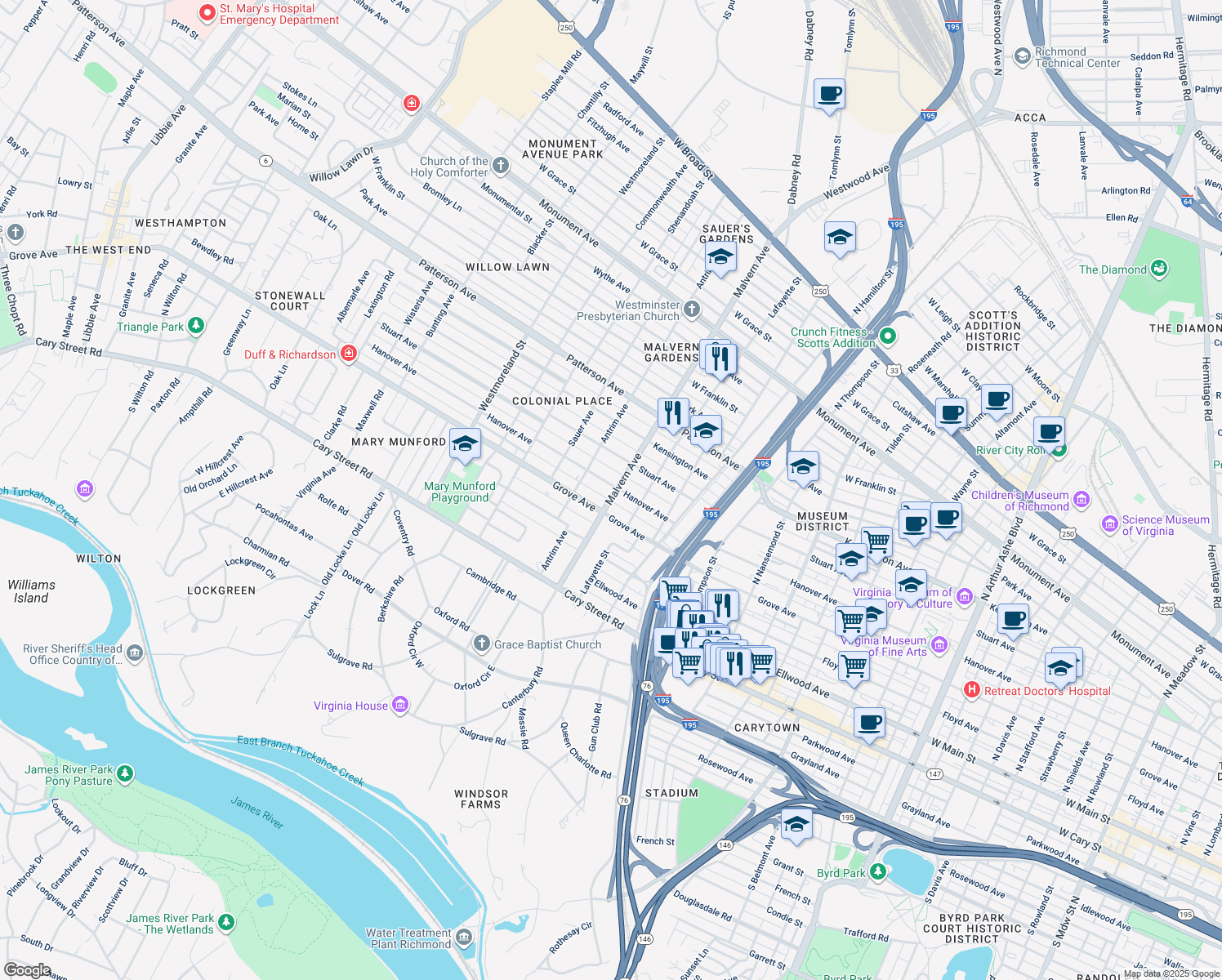 map of restaurants, bars, coffee shops, grocery stores, and more near 4101 Hanover Avenue in Richmond