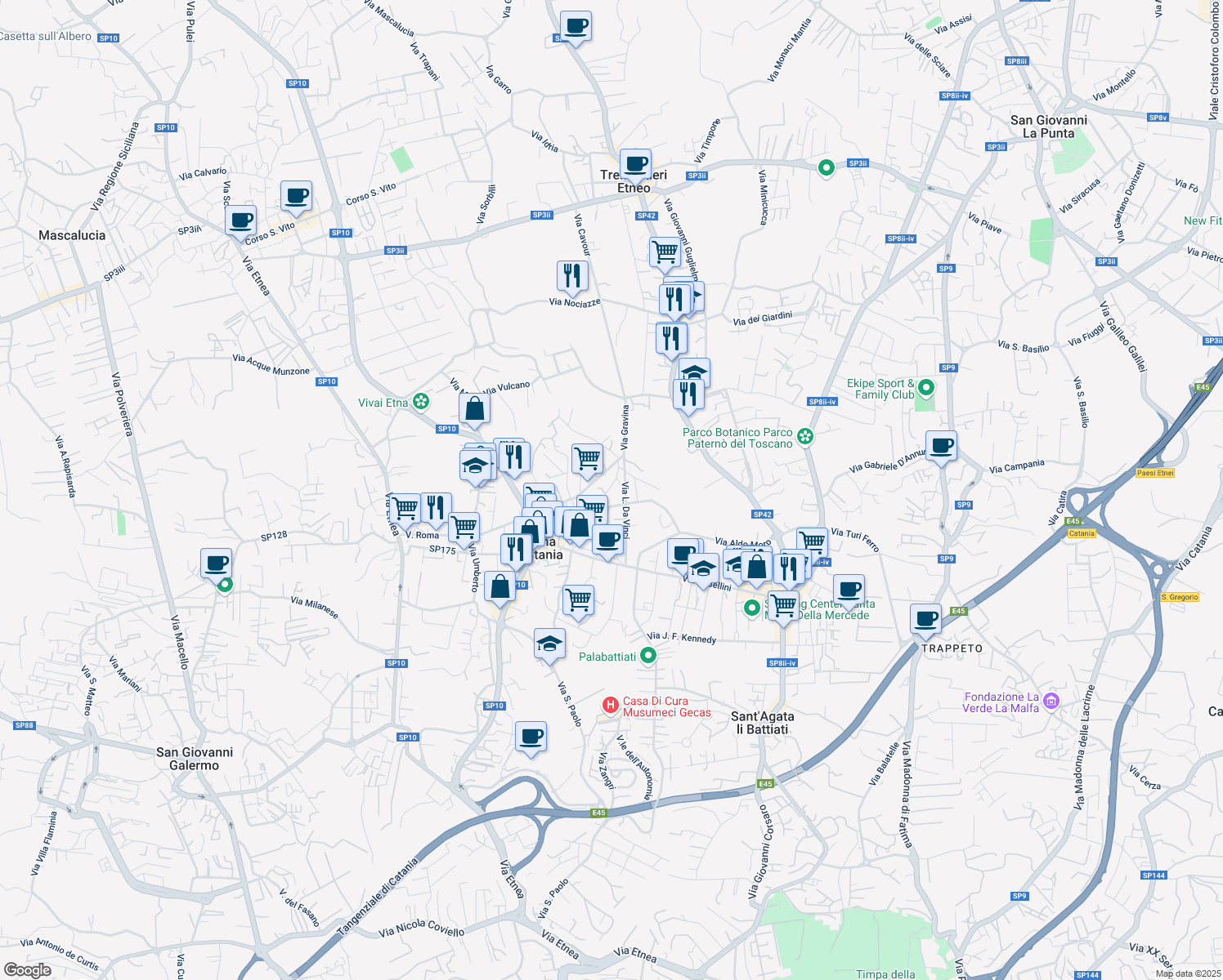map of restaurants, bars, coffee shops, grocery stores, and more near 25 Via San Paolo in Tremestieri Etneo