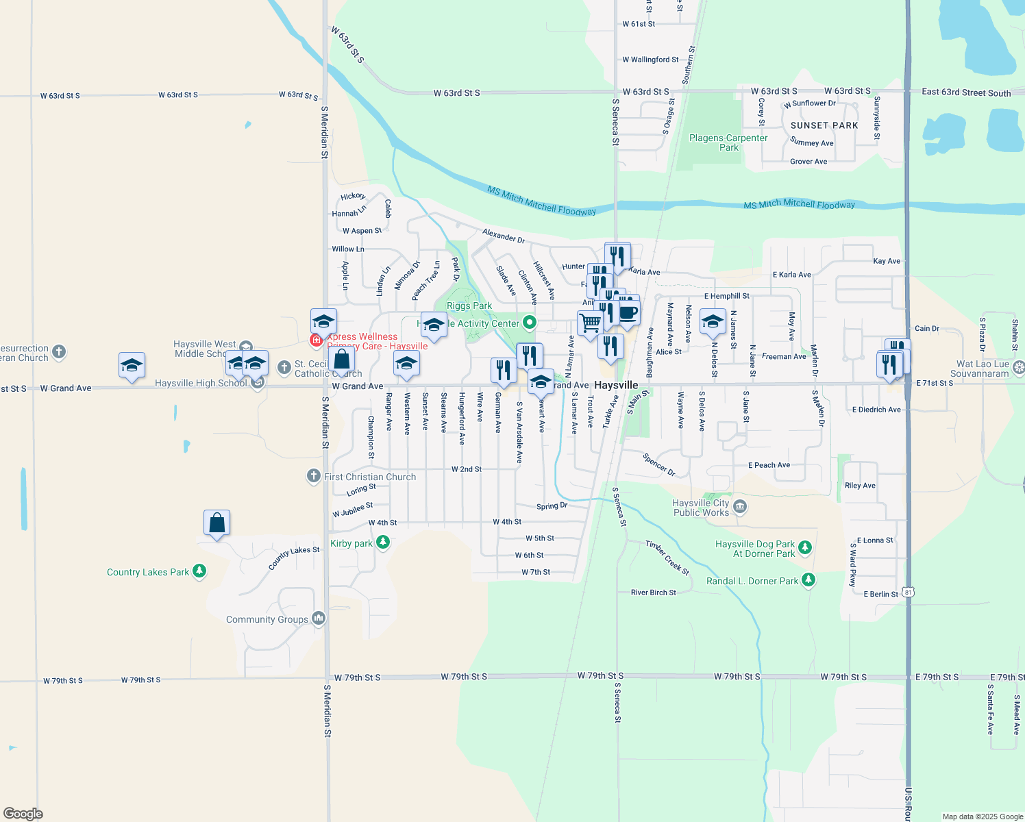 map of restaurants, bars, coffee shops, grocery stores, and more near 145 Van Arsdale Avenue in Haysville