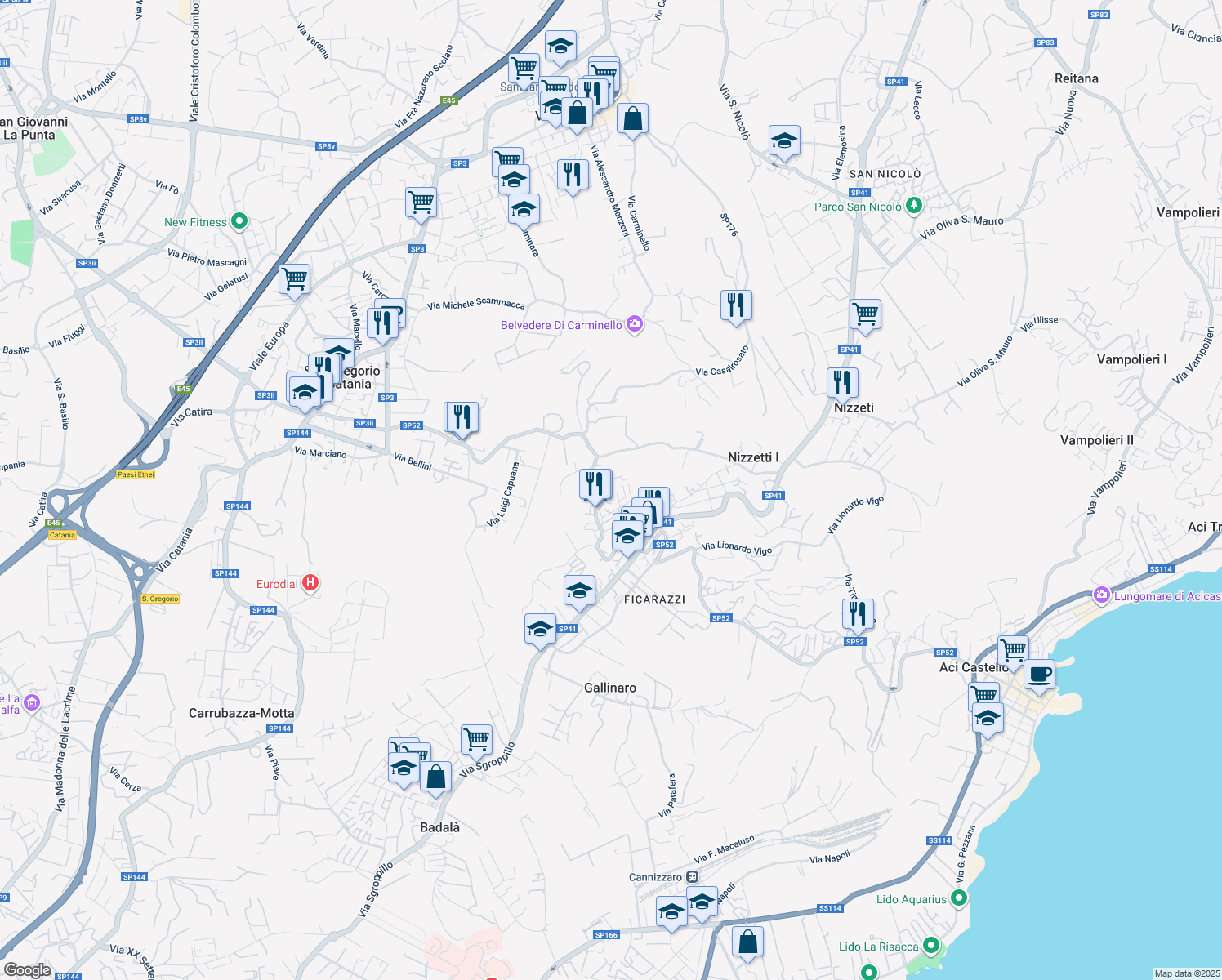 map of restaurants, bars, coffee shops, grocery stores, and more near 25 Via Giovanni Grasso in Aci Castello