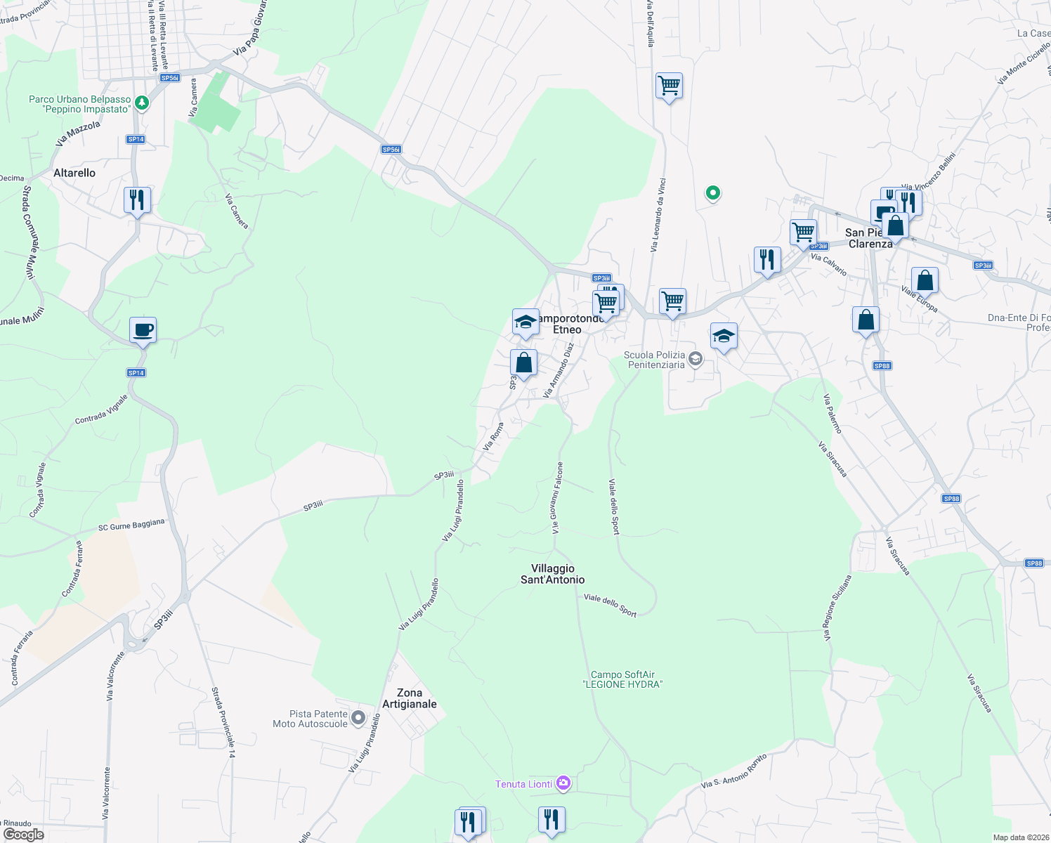 map of restaurants, bars, coffee shops, grocery stores, and more near 23 Vico Olivella in Camporotondo Etneo