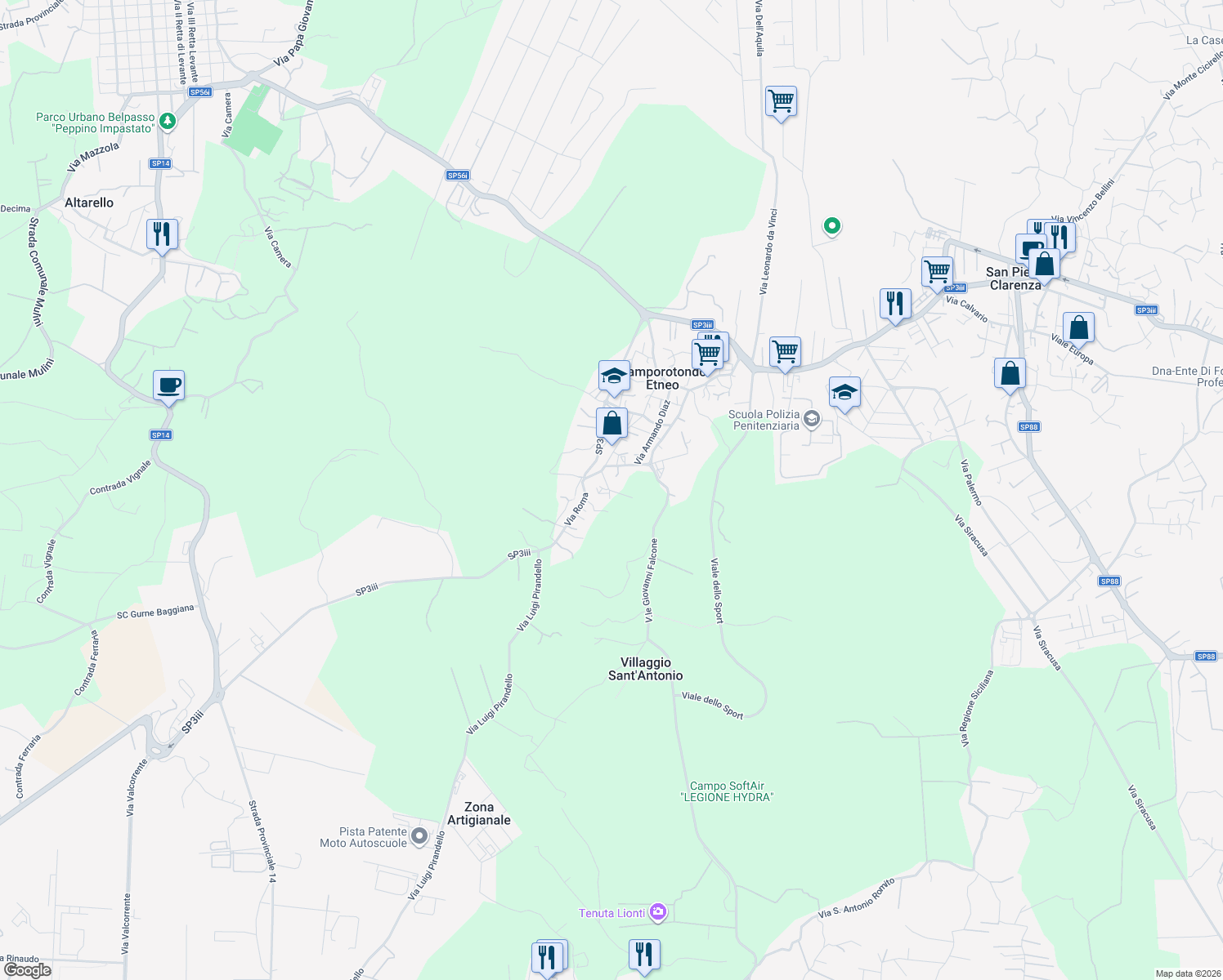 map of restaurants, bars, coffee shops, grocery stores, and more near 23 Vico Olivella in Camporotondo Etneo