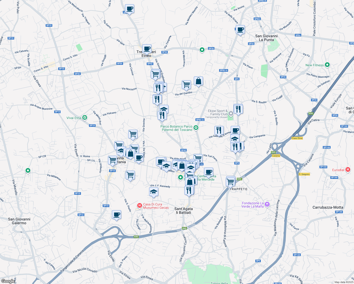 map of restaurants, bars, coffee shops, grocery stores, and more near 2/a Via Parco Cristallo in Tremestieri Etneo