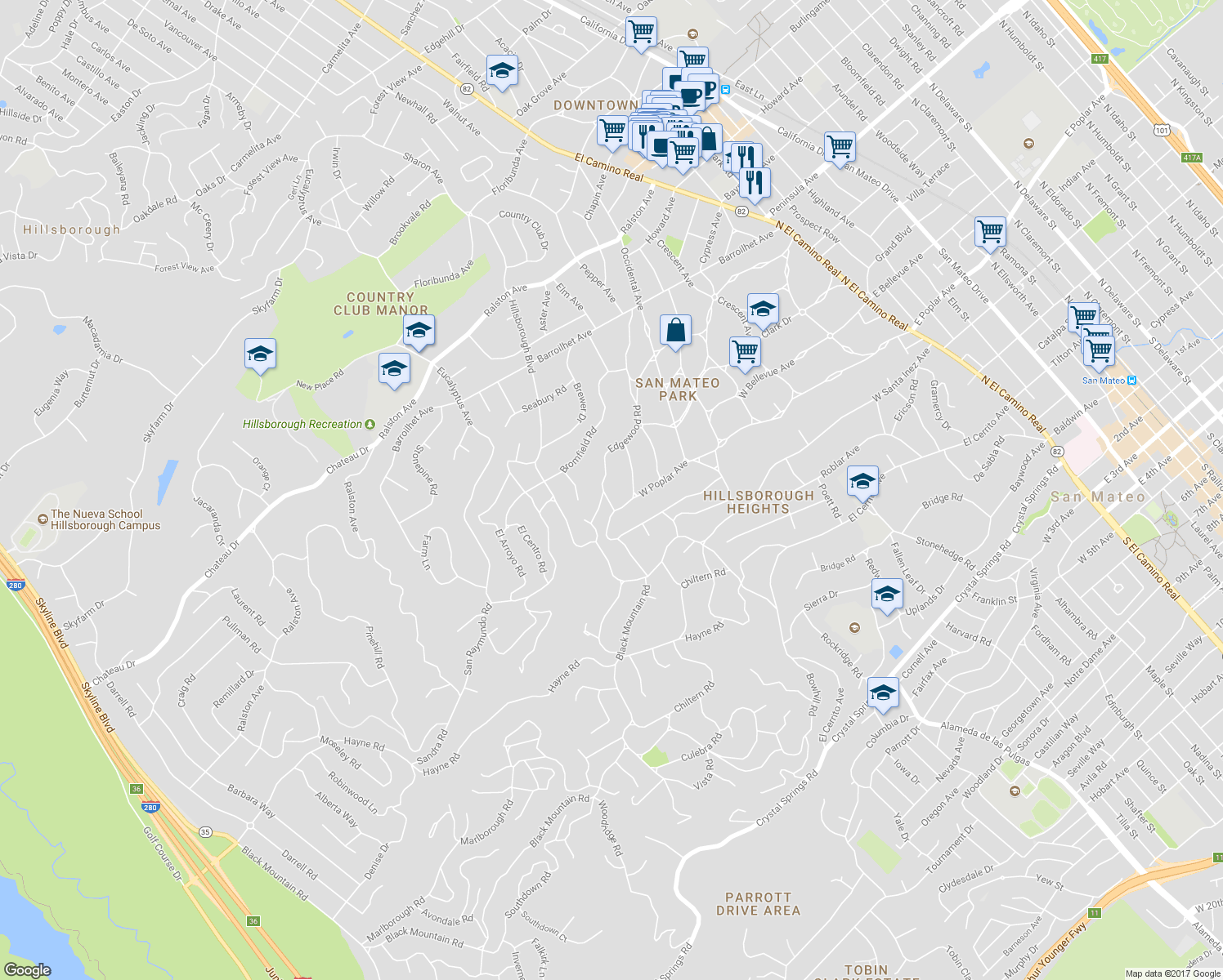 map of restaurants, bars, coffee shops, grocery stores, and more near 414 Edgewood Road in San Mateo