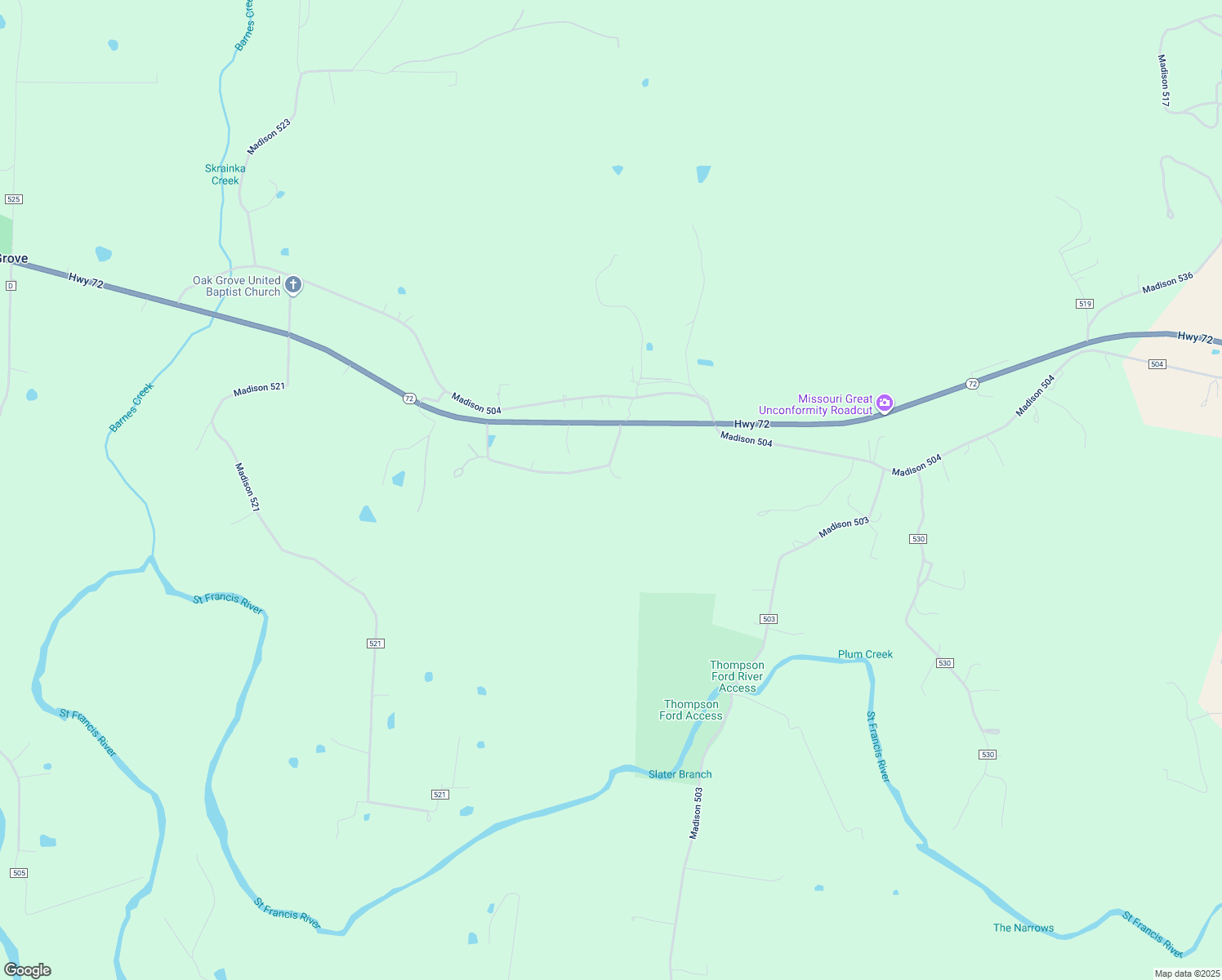 map of restaurants, bars, coffee shops, grocery stores, and more near 2591 Missouri 72 in Fredericktown