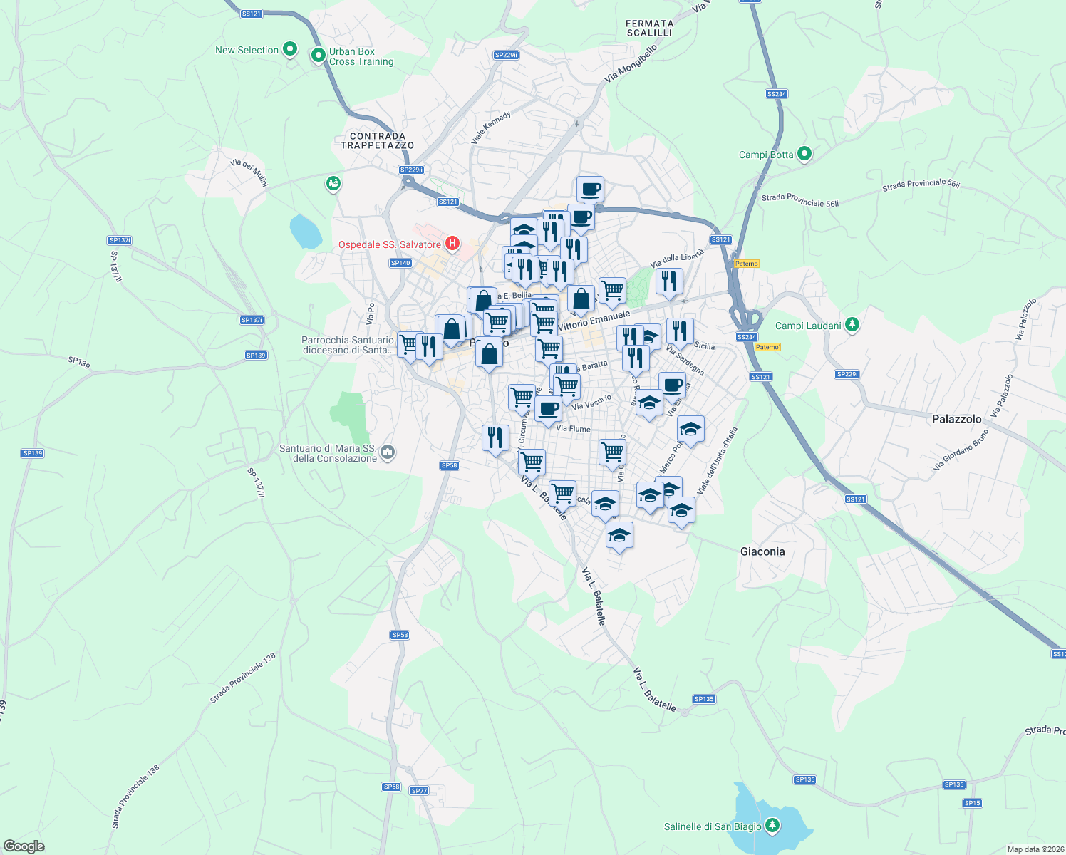map of restaurants, bars, coffee shops, grocery stores, and more near 95 Via Pola in Paternò