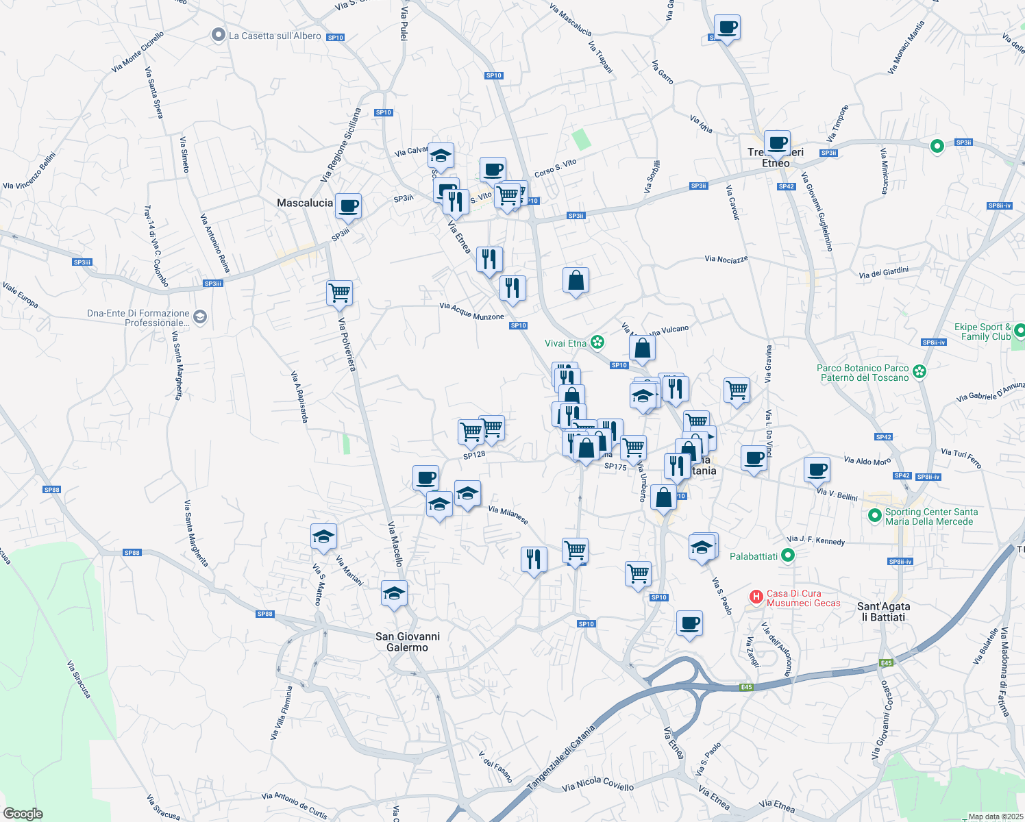 map of restaurants, bars, coffee shops, grocery stores, and more near 10 Via Santa Elia in Gravina di Catania
