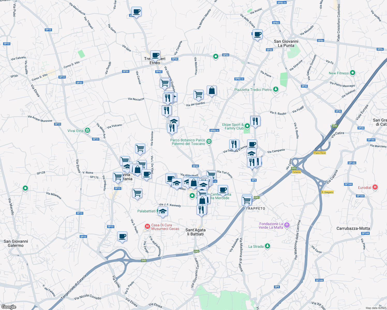 map of restaurants, bars, coffee shops, grocery stores, and more near 2 Via Parco Cristallo in Tremestieri Etneo